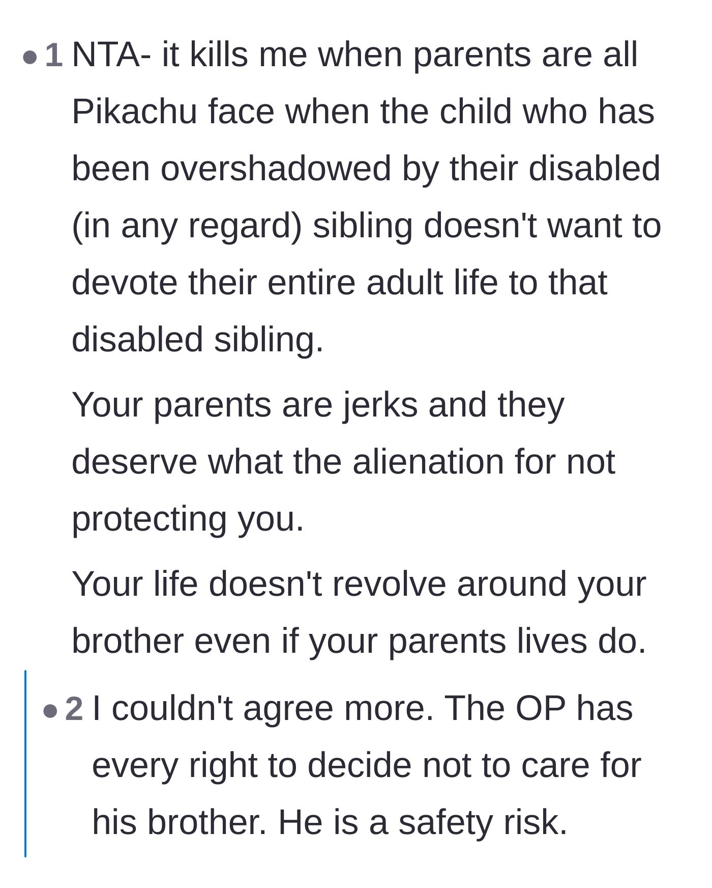 Comment thread 6 - Outrage at parents who expect healthy siblings to sacrifice their futures.