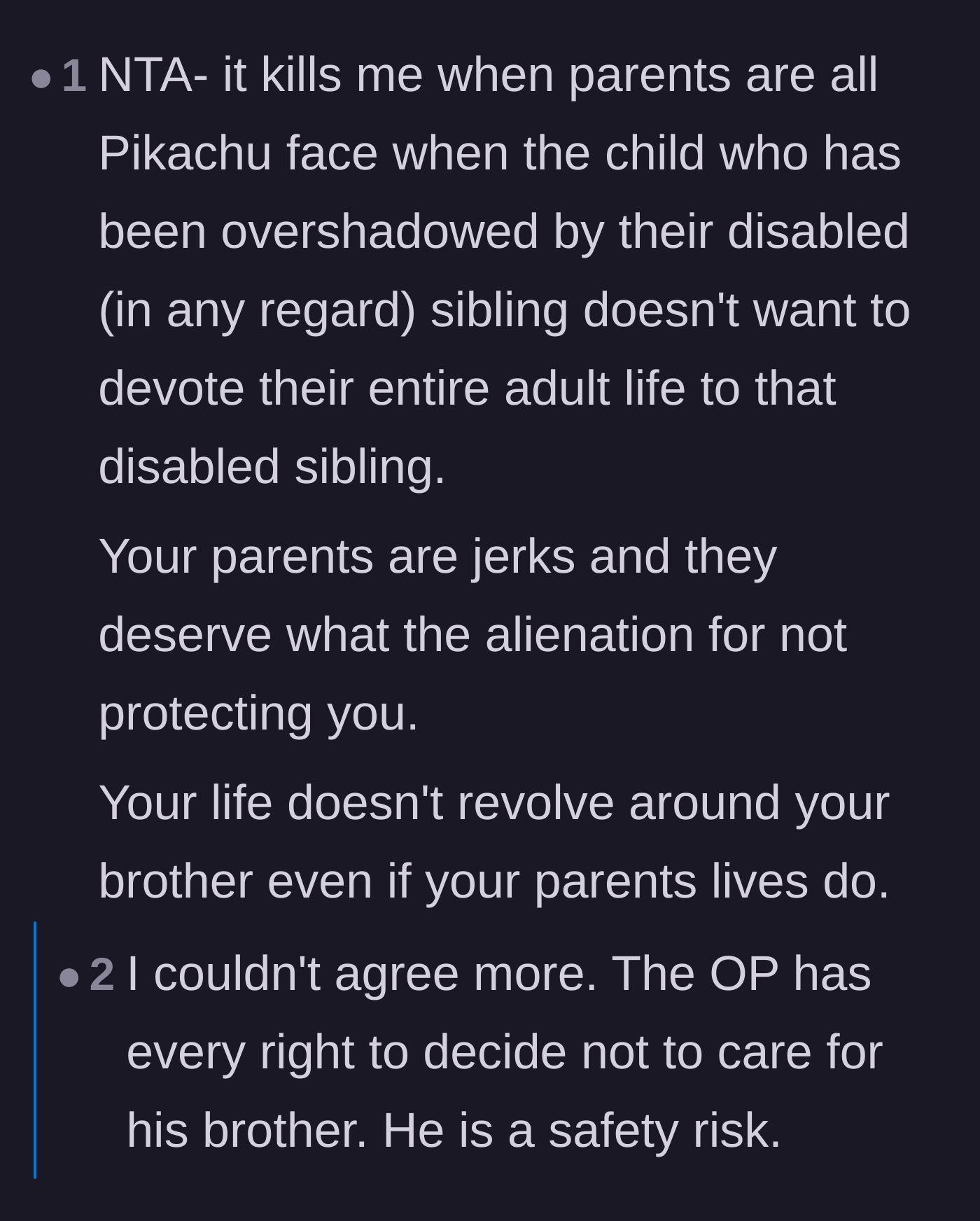 Comment thread 6 - Outrage at parents who expect healthy siblings to sacrifice their futures.