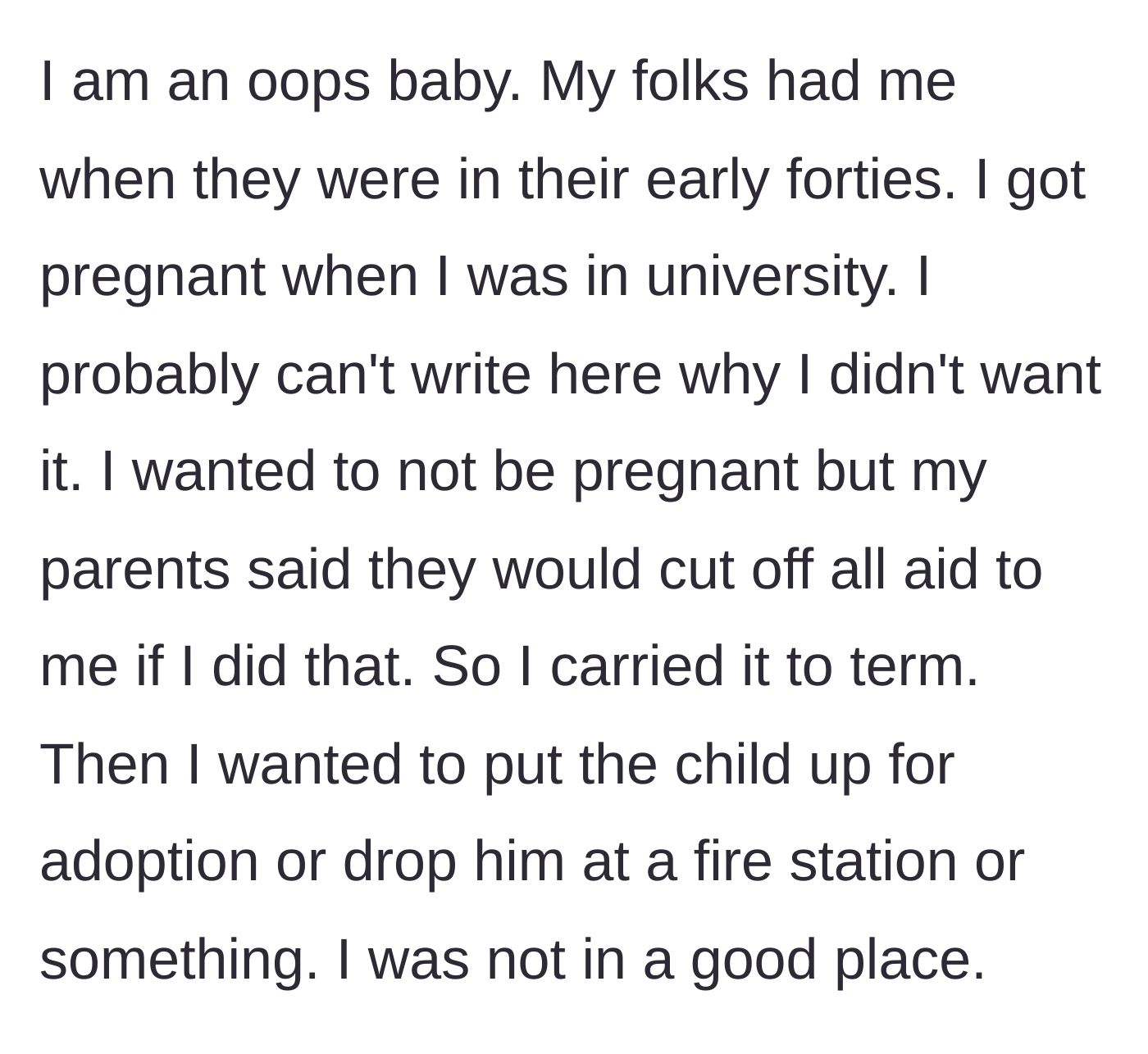Story part 1 - A desperate university student being forced by her parents to continue a traumatic pregnancy.