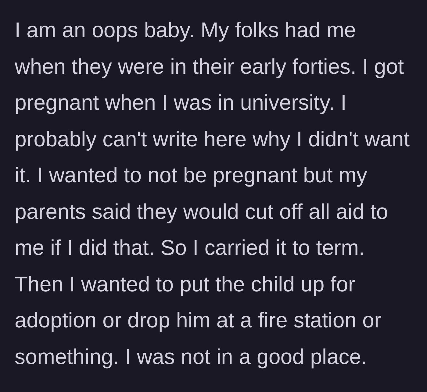 Story part 1 - A desperate university student being forced by her parents to continue a traumatic pregnancy.