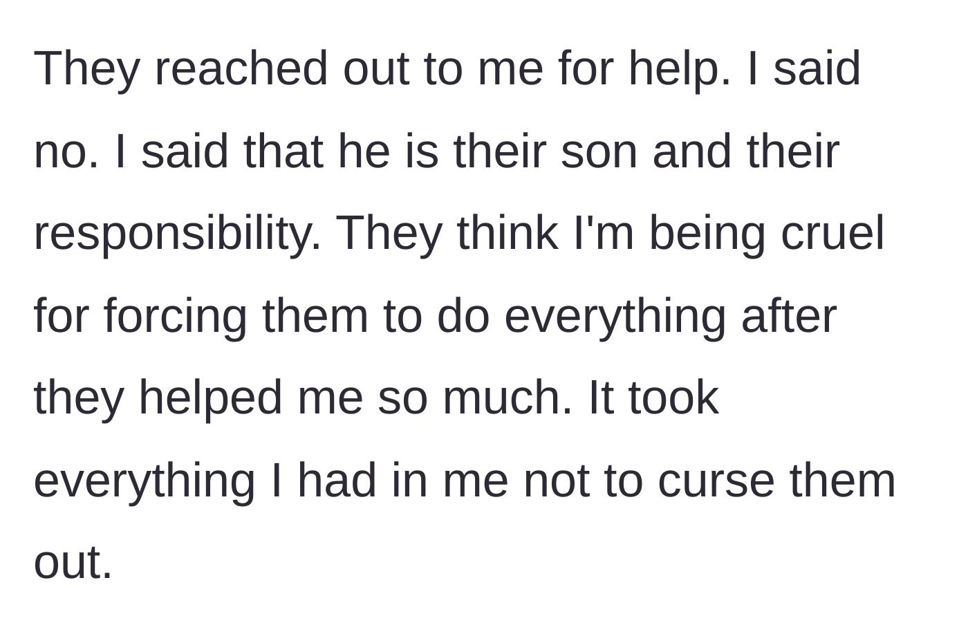Story part 4 - A tense phone call where a daughter refuses to help her elderly parents with their adopted son.