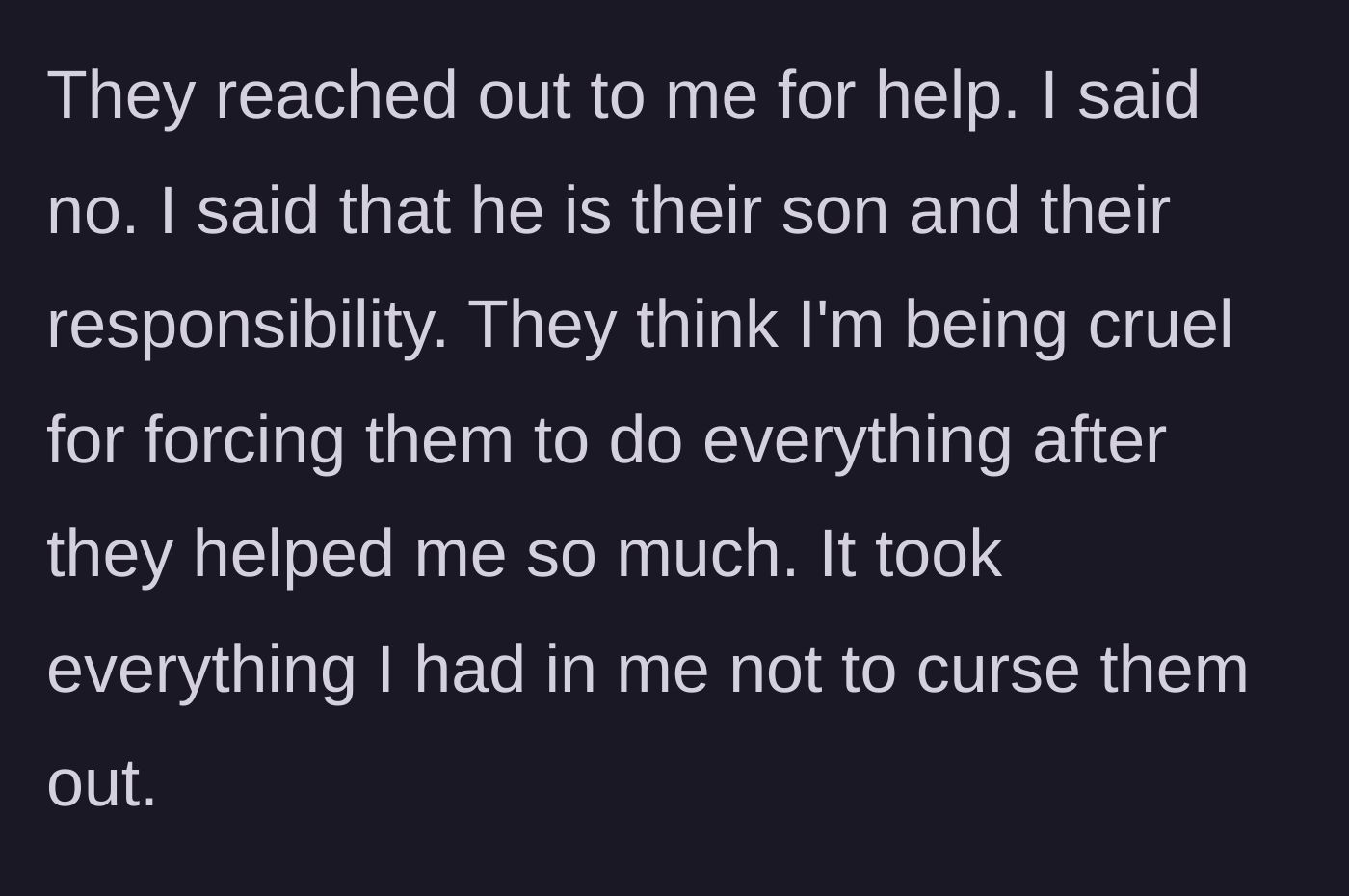 Story part 4 - A tense phone call where a daughter refuses to help her elderly parents with their adopted son.