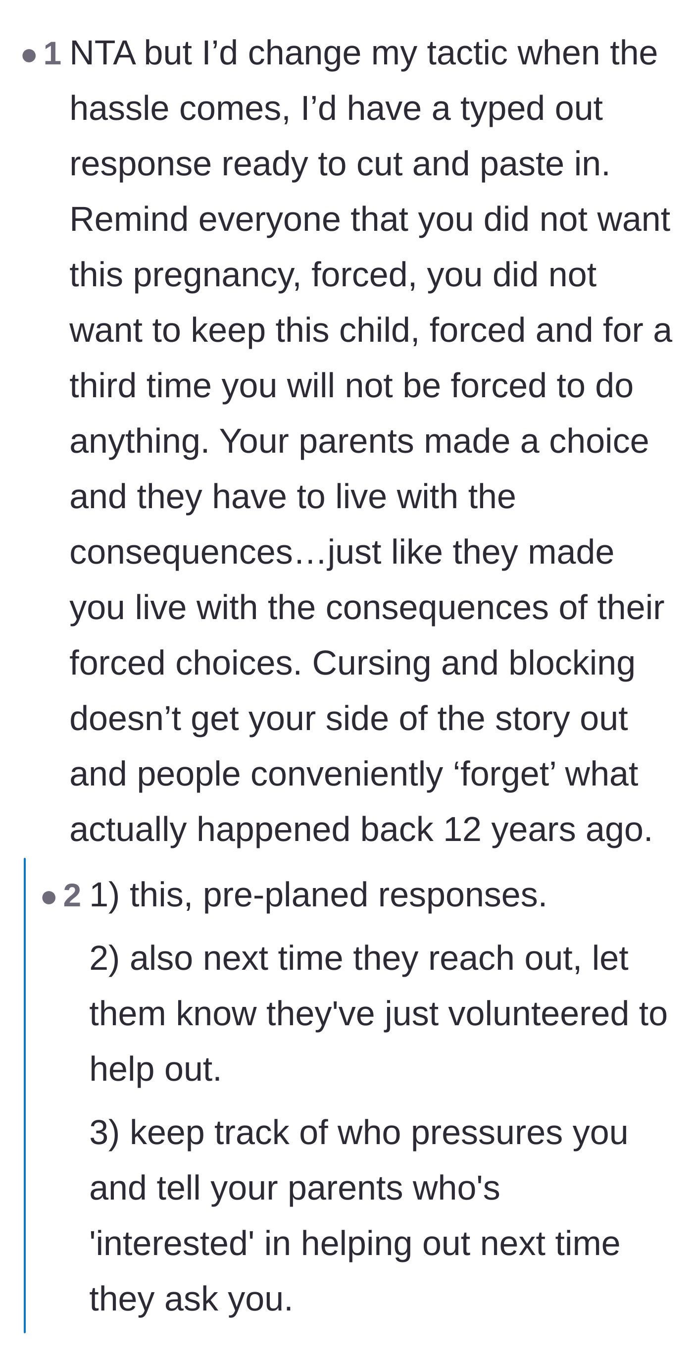 Comment thread 1 - Advice on creating pre-planned responses and avoiding the trap of constantly defending boundaries to family members.