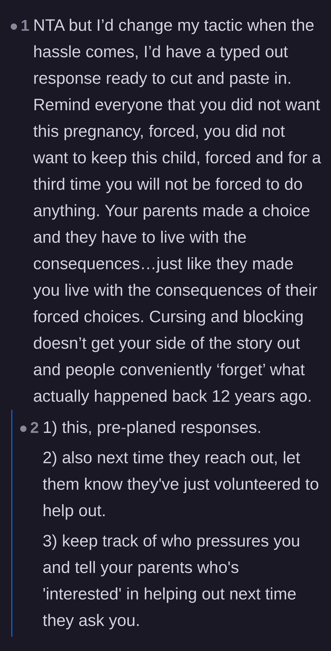 Comment thread 1 - Advice on creating pre-planned responses and avoiding the trap of constantly defending boundaries to family members.