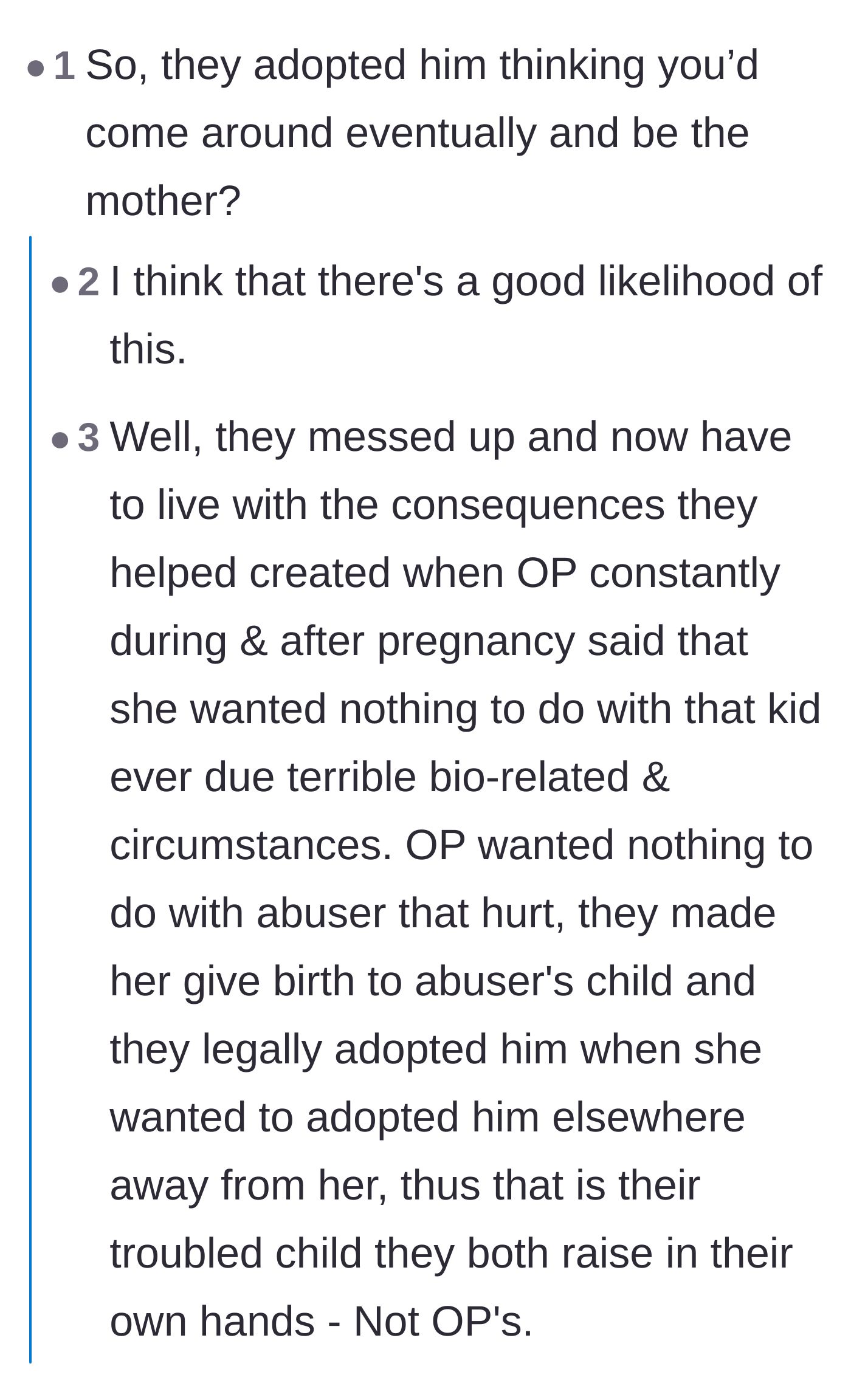 Comment thread 2 - A discussion theorizing that the parents only adopted the boy because they assumed the main character would eventually cave and take over.
