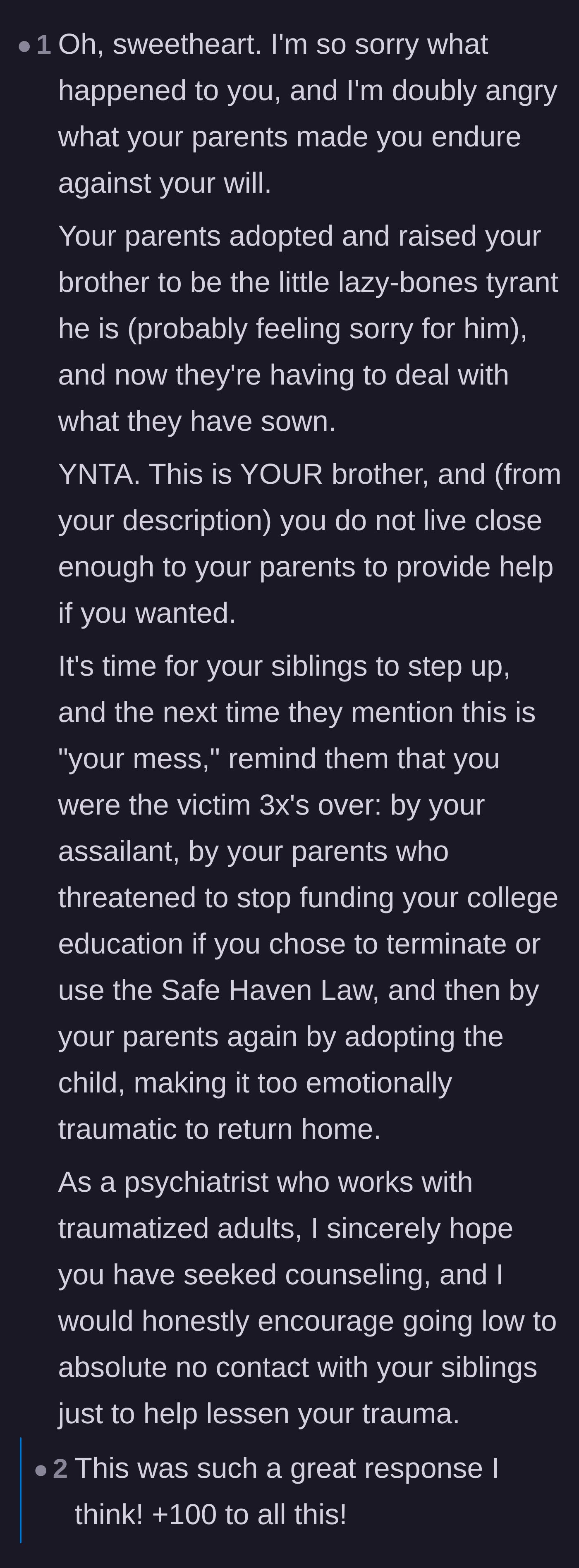 Comment thread 3 - A psychiatrist explaining how the main character was victimized three separate times by her assailant and then by her parents' coercion.