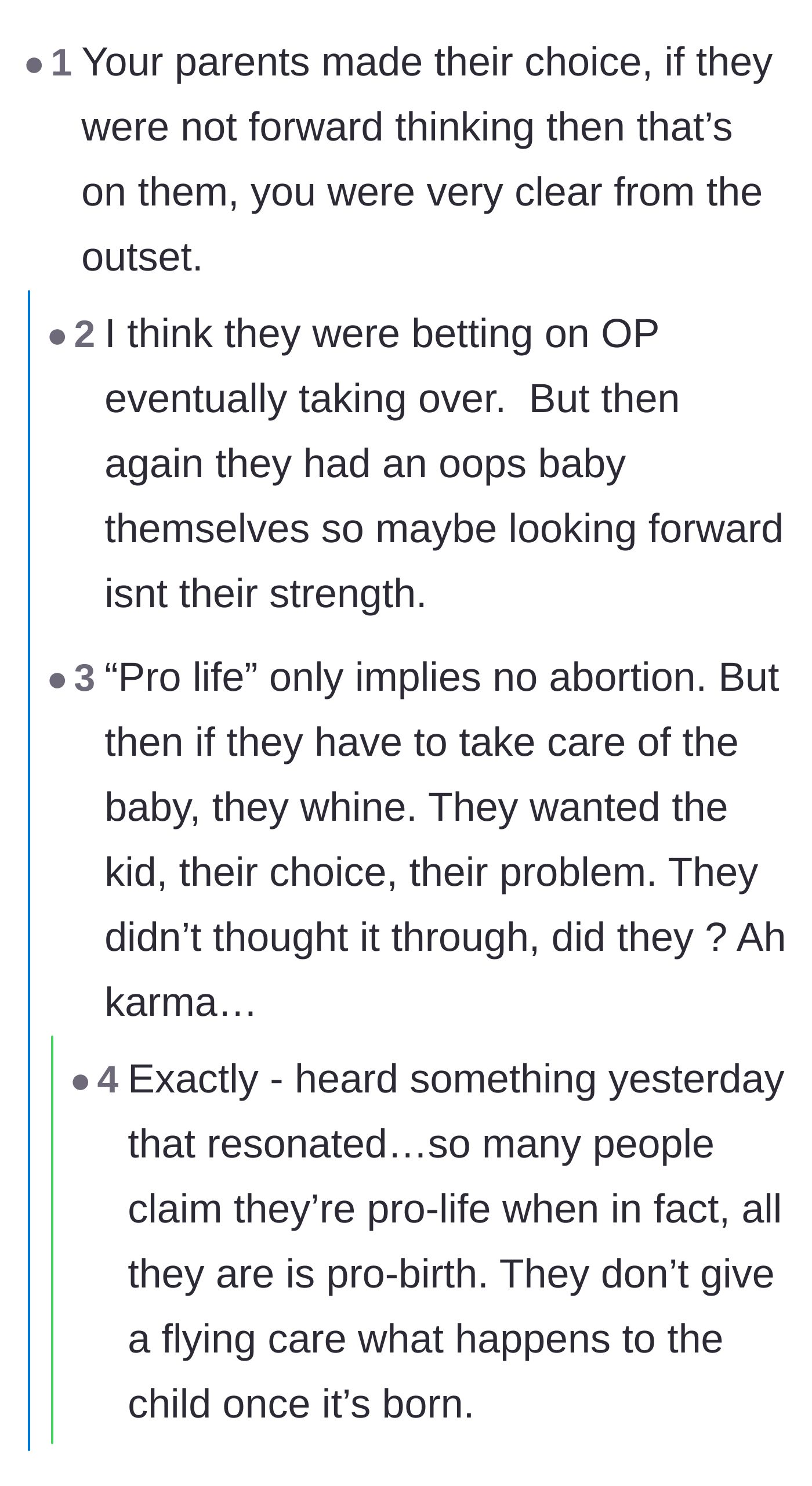 Comment thread 4 - Readers criticizing the parents for not thinking about their retirement years and the cruelty of forcing a birth they couldn't handle.