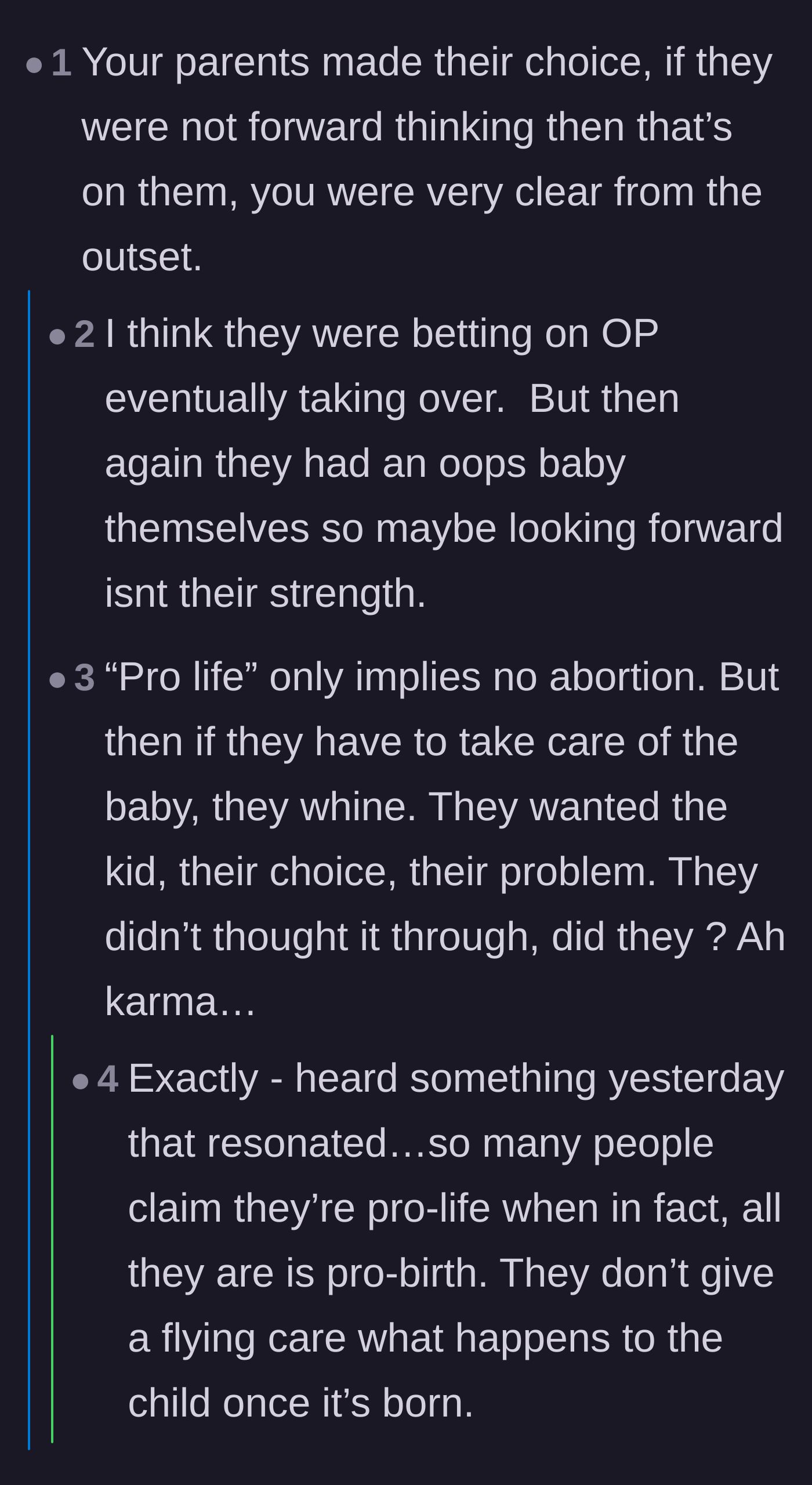 Comment thread 4 - Readers criticizing the parents for not thinking about their retirement years and the cruelty of forcing a birth they couldn't handle.