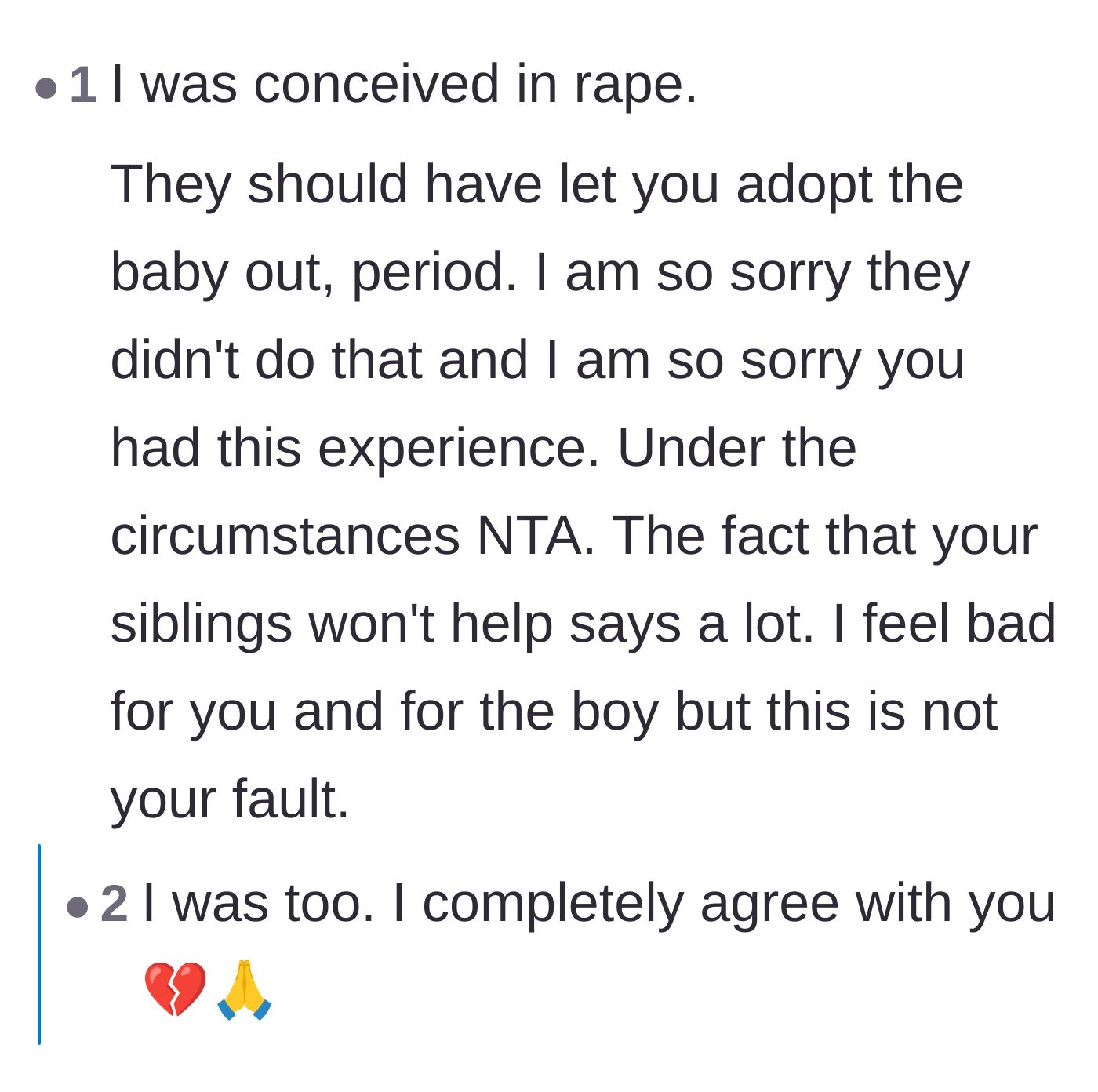 Comment thread 6 - Heartfelt responses from readers who were conceived in assault, validating the main character's right to walk away.