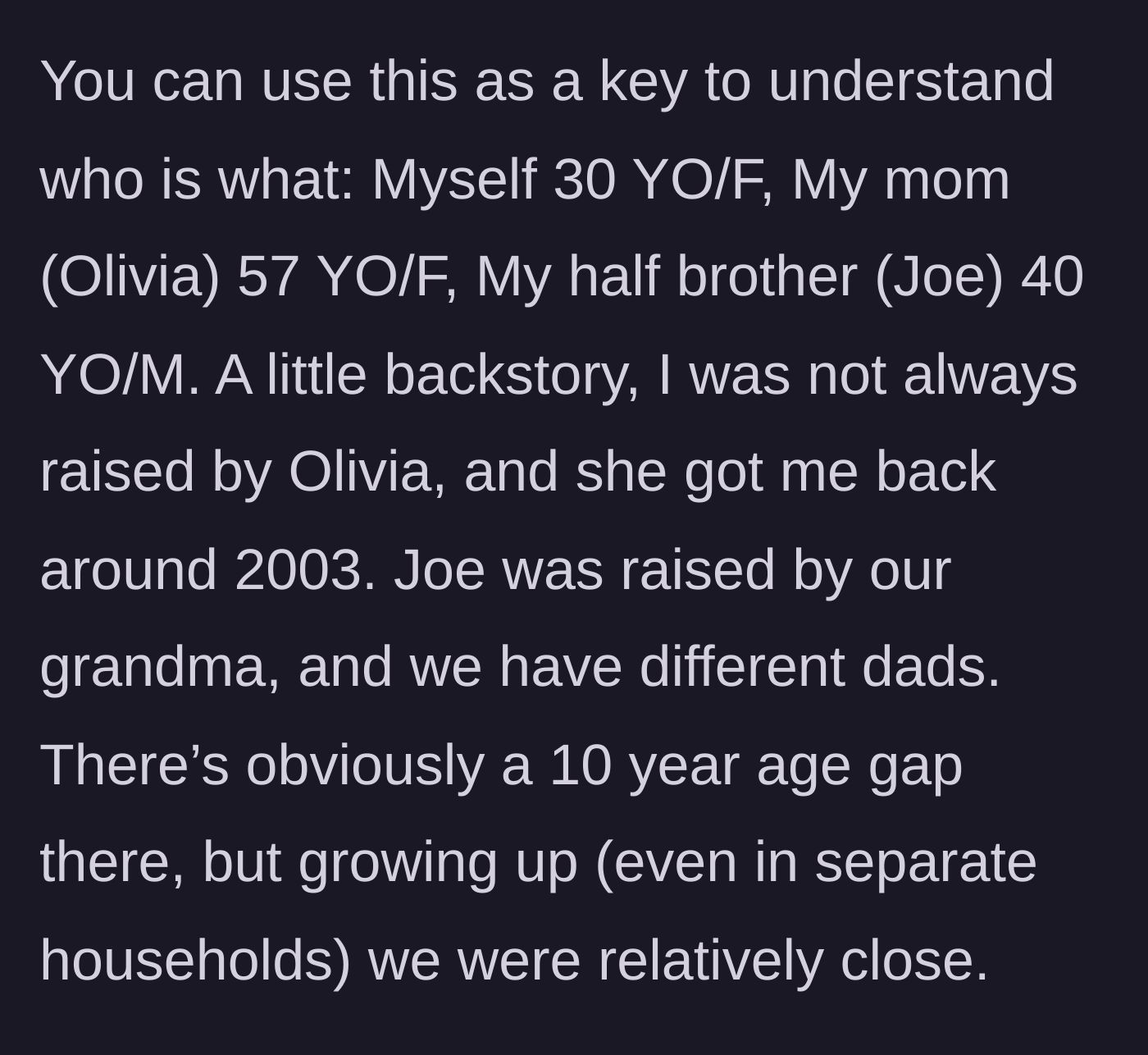 Story part 1 - Introduction to the family dynamics, differing households, and the significant age gap between siblings.