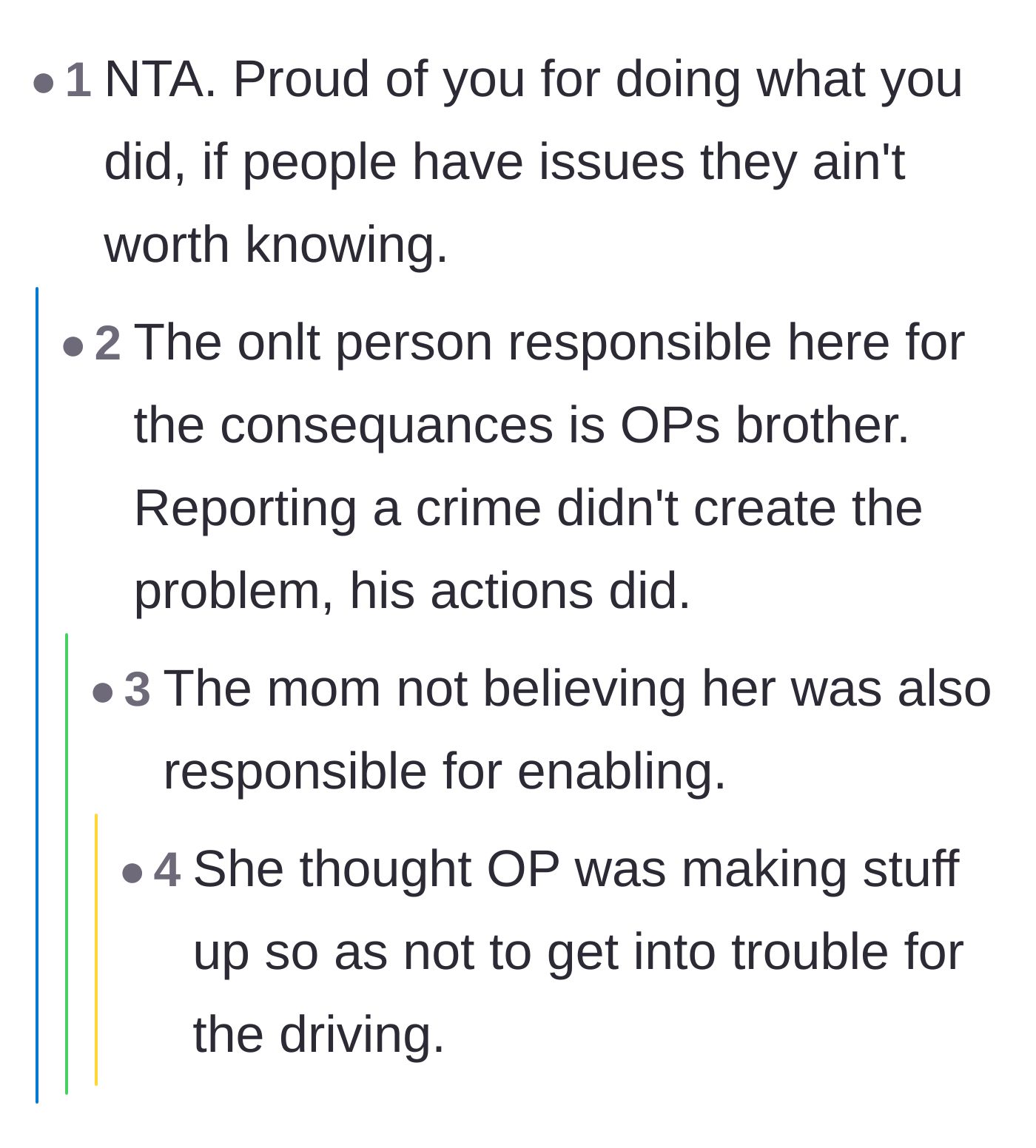 Comment thread 1 - Debate about the brother's ultimate responsibility and the mother's initial failure to protect her daughter.