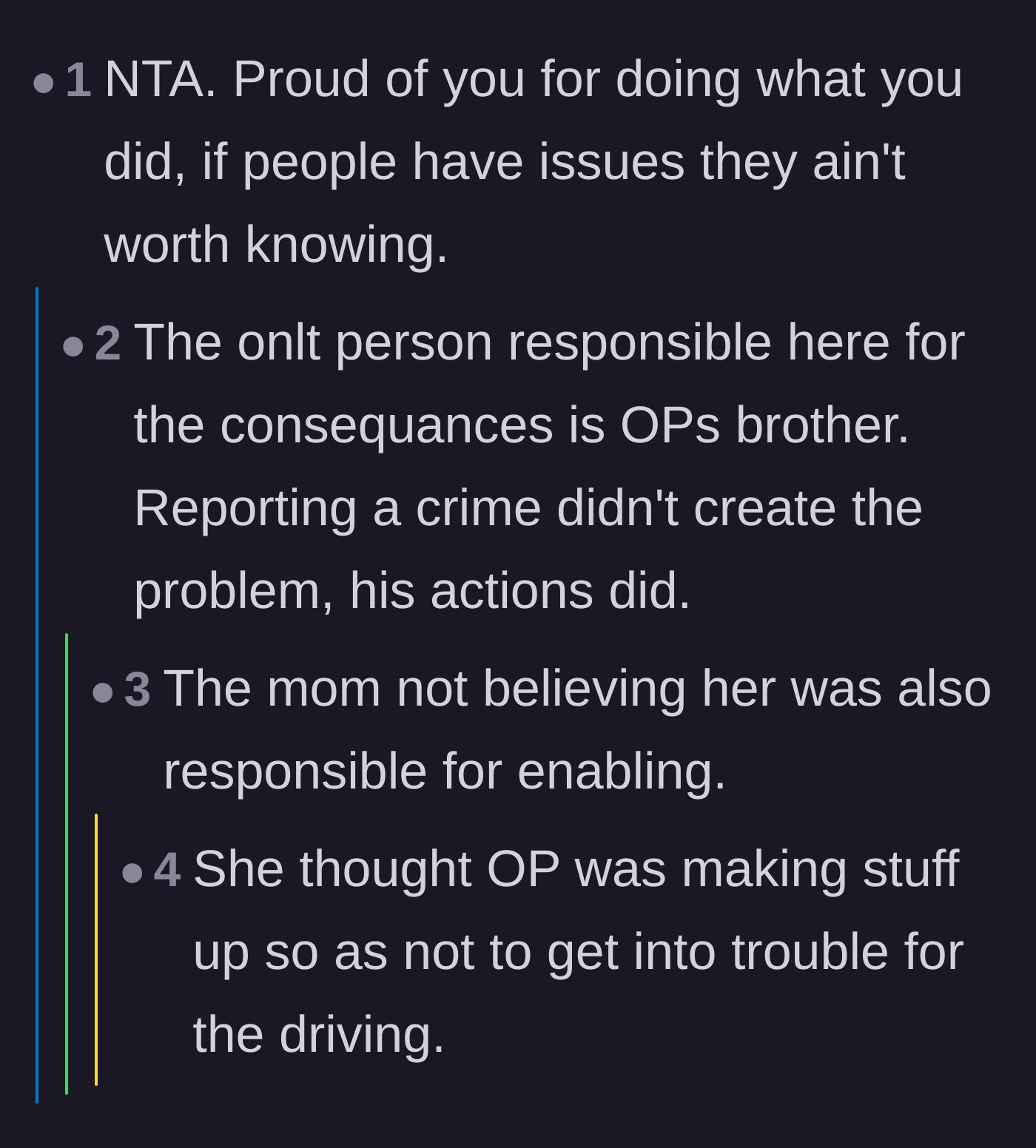 Comment thread 1 - Debate about the brother's ultimate responsibility and the mother's initial failure to protect her daughter.