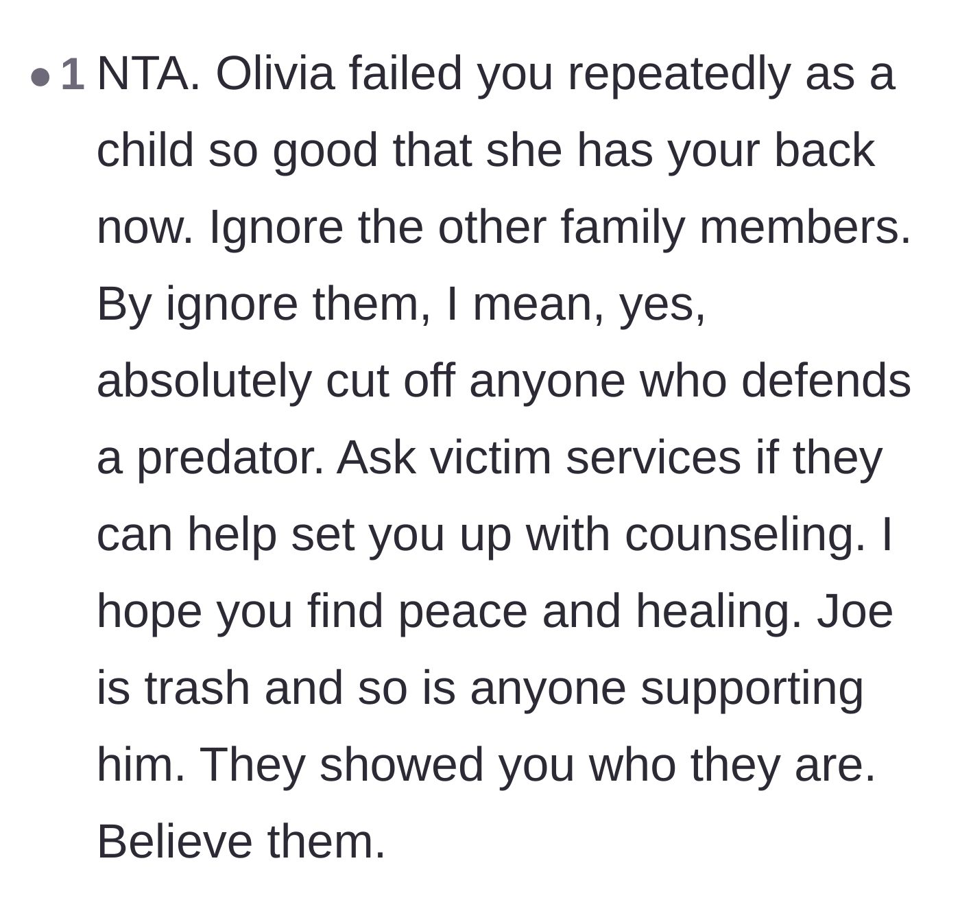 Comment thread 2 - Advice on utilizing victim services and strictly cutting ties with relatives who defend the abuser.