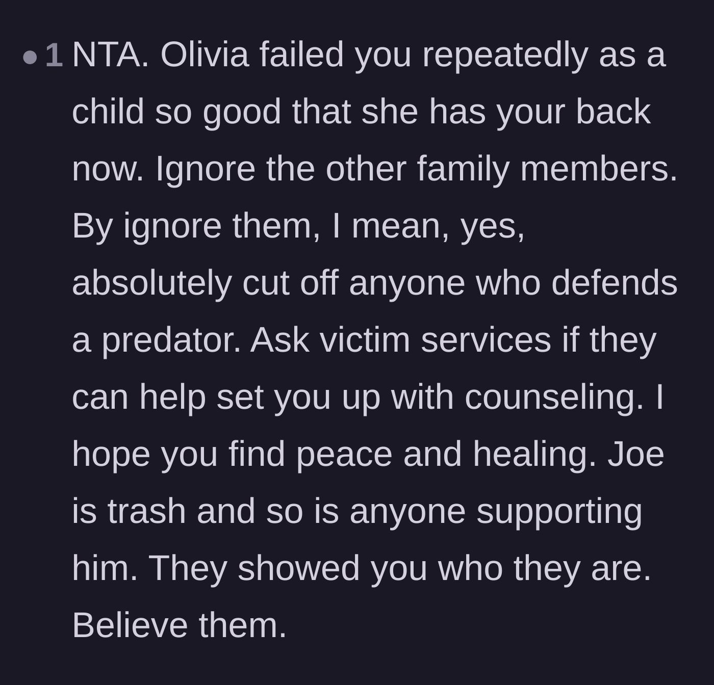 Comment thread 2 - Advice on utilizing victim services and strictly cutting ties with relatives who defend the abuser.
