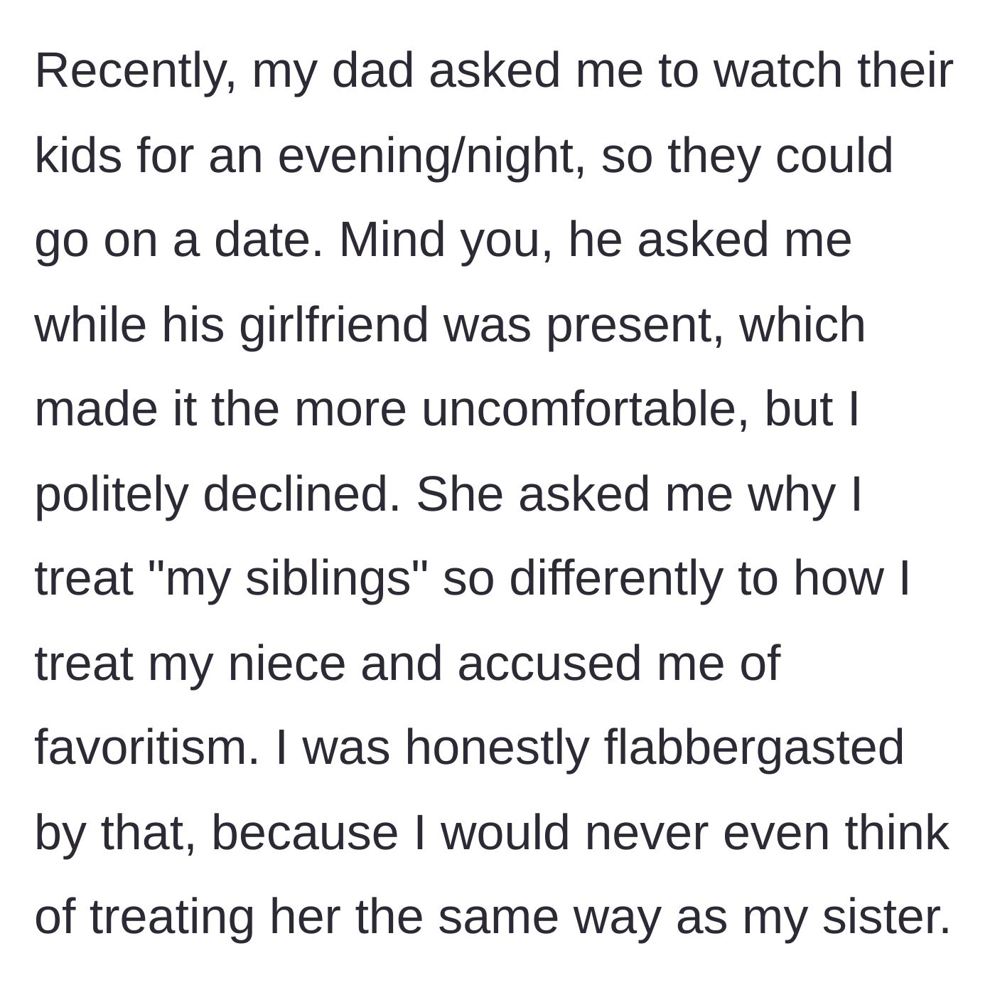 Story part 4 - The father and his young girlfriend corner her into a babysitting request, leading to accusations of unfair favoritism.