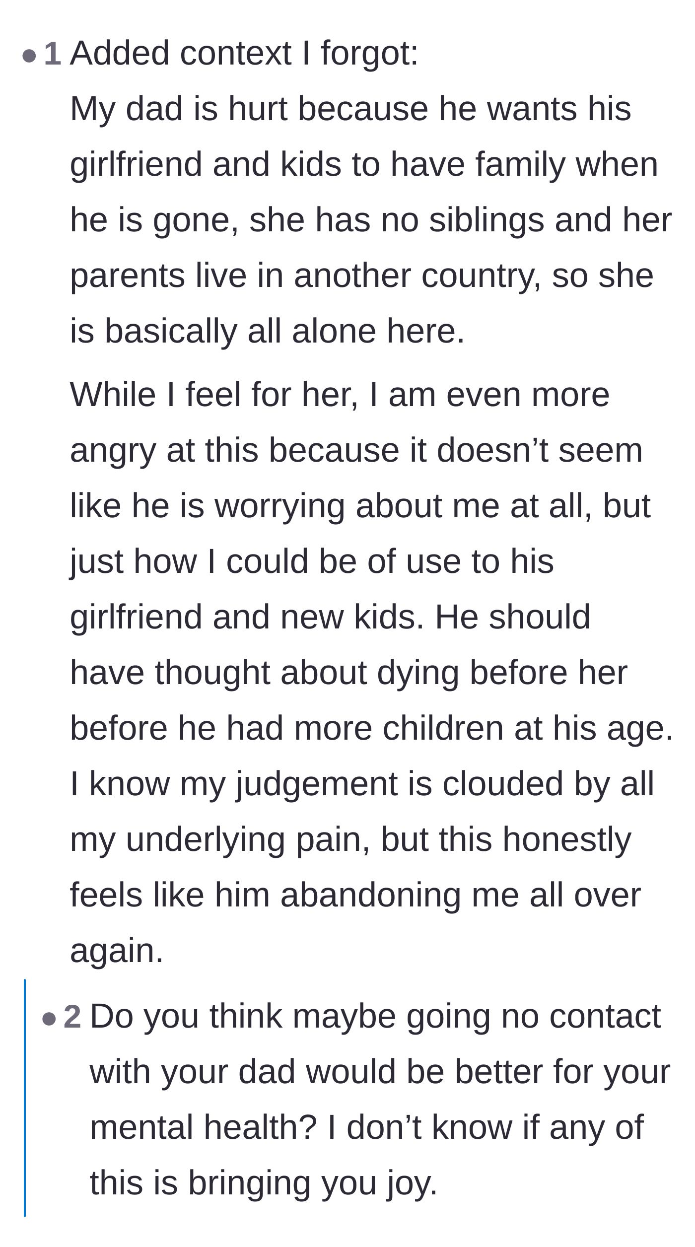 Comment thread 1 - Readers unpack the heartbreaking realization that her father only wants her around to be a built-in support system for his young wife.
