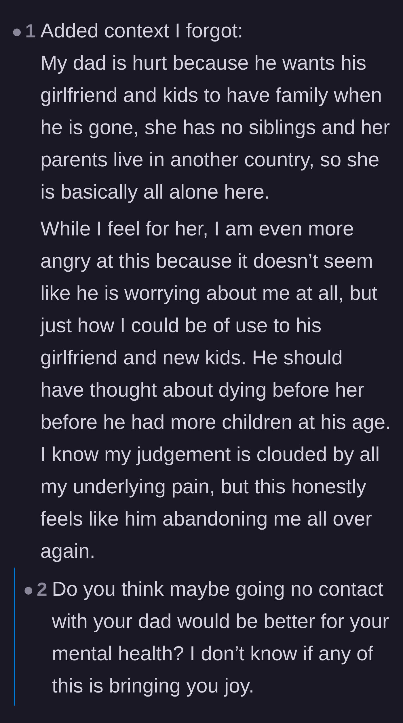 Comment thread 1 - Readers unpack the heartbreaking realization that her father only wants her around to be a built-in support system for his young wife.