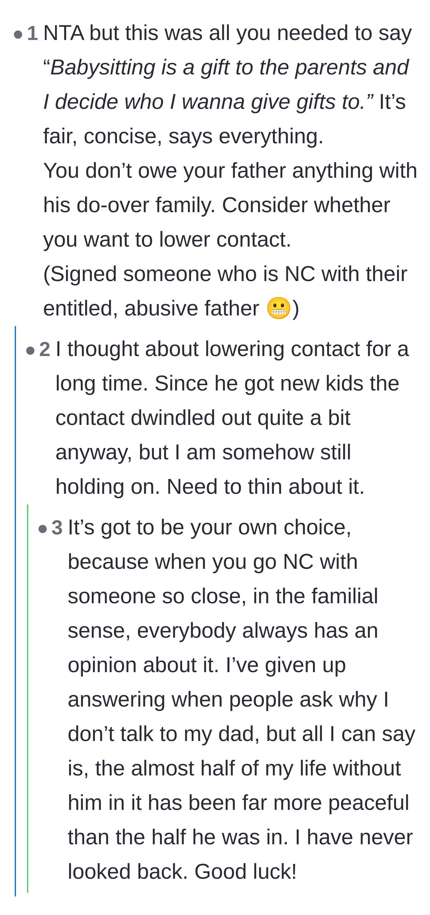Comment thread 2 - A deep, emotional discussion about going no-contact and mourning the loving father she deserved but never had.