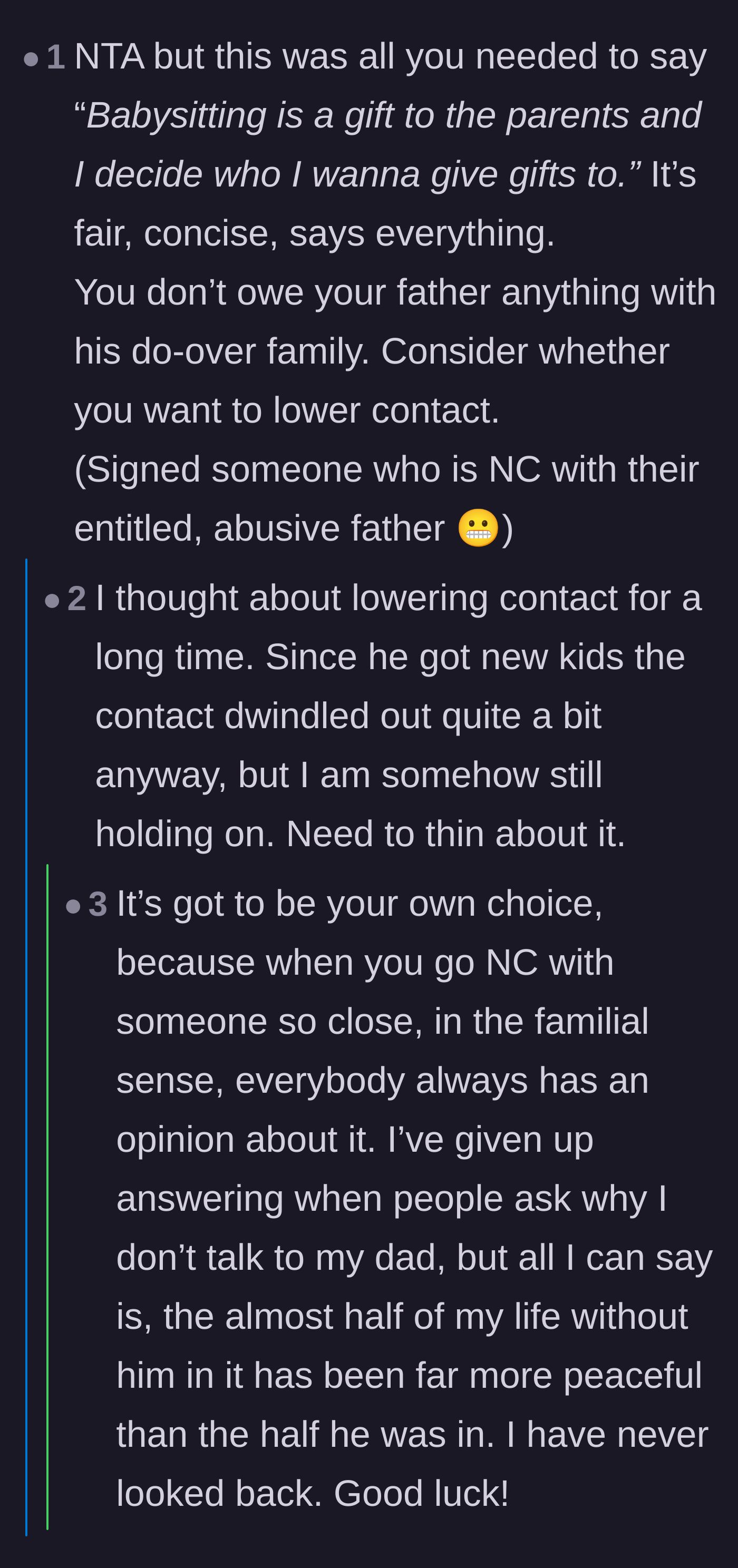 Comment thread 2 - A deep, emotional discussion about going no-contact and mourning the loving father she deserved but never had.