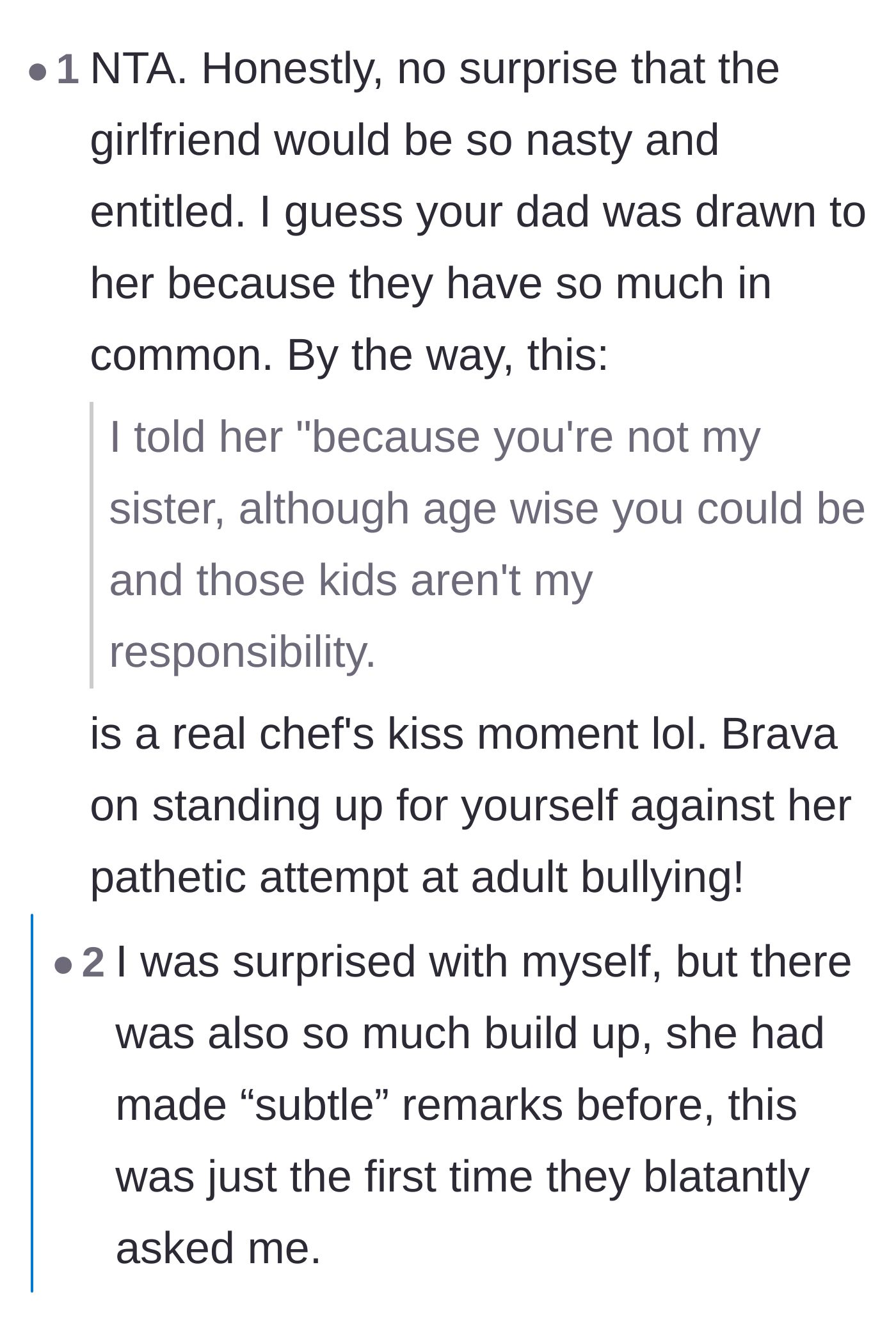 Comment thread 3 - Readers cheer on the main character for her devastatingly accurate comeback regarding the girlfriend's inappropriate age.