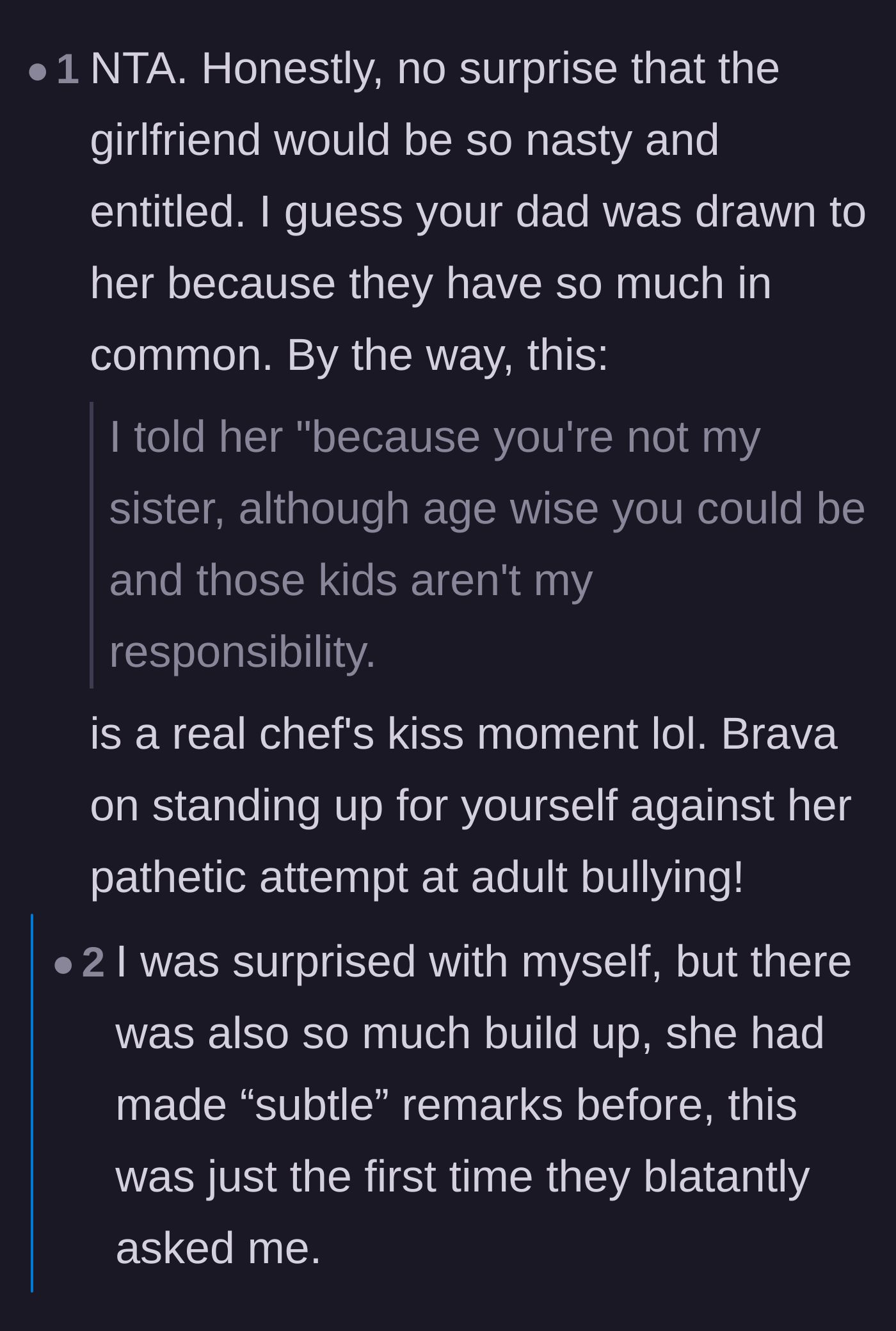 Comment thread 3 - Readers cheer on the main character for her devastatingly accurate comeback regarding the girlfriend's inappropriate age.