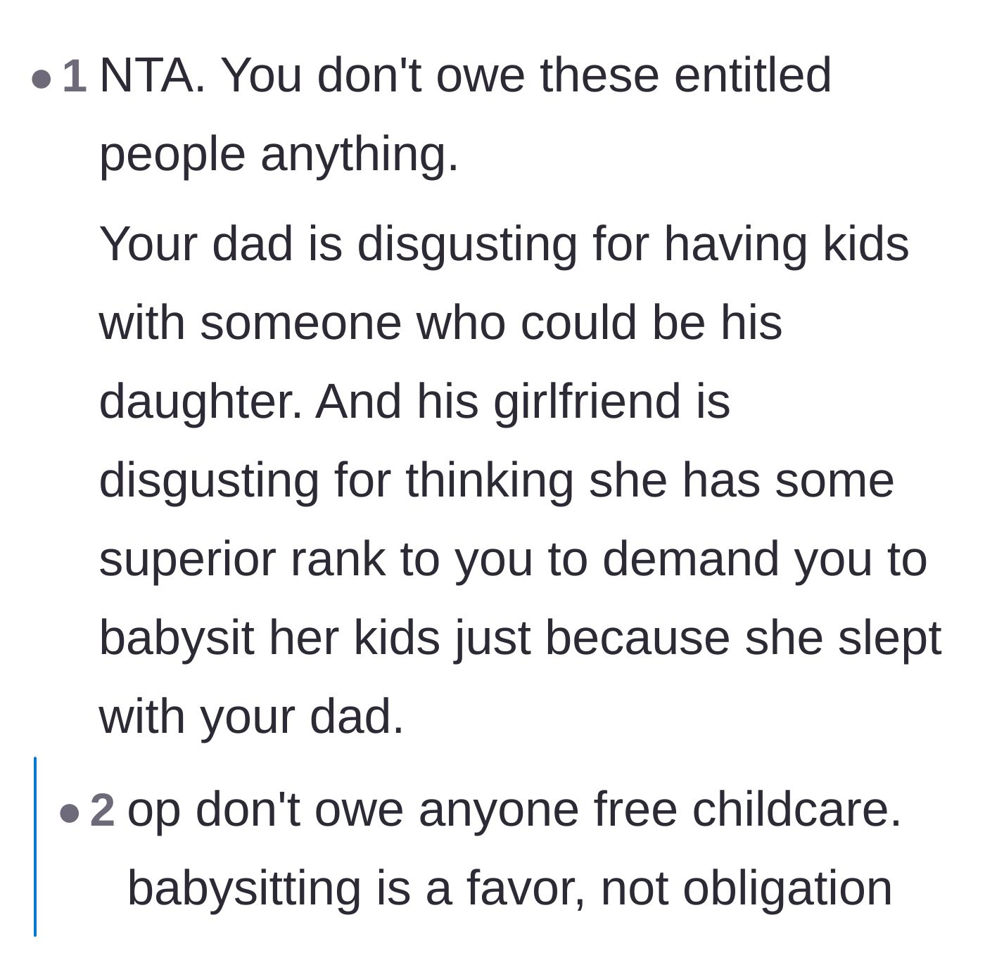 Comment thread 5 - A blunt callout of the uncomfortable age gap and the sheer audacity of the girlfriend demanding free childcare.