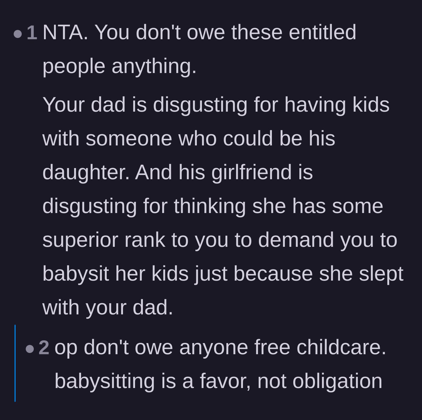 Comment thread 5 - A blunt callout of the uncomfortable age gap and the sheer audacity of the girlfriend demanding free childcare.