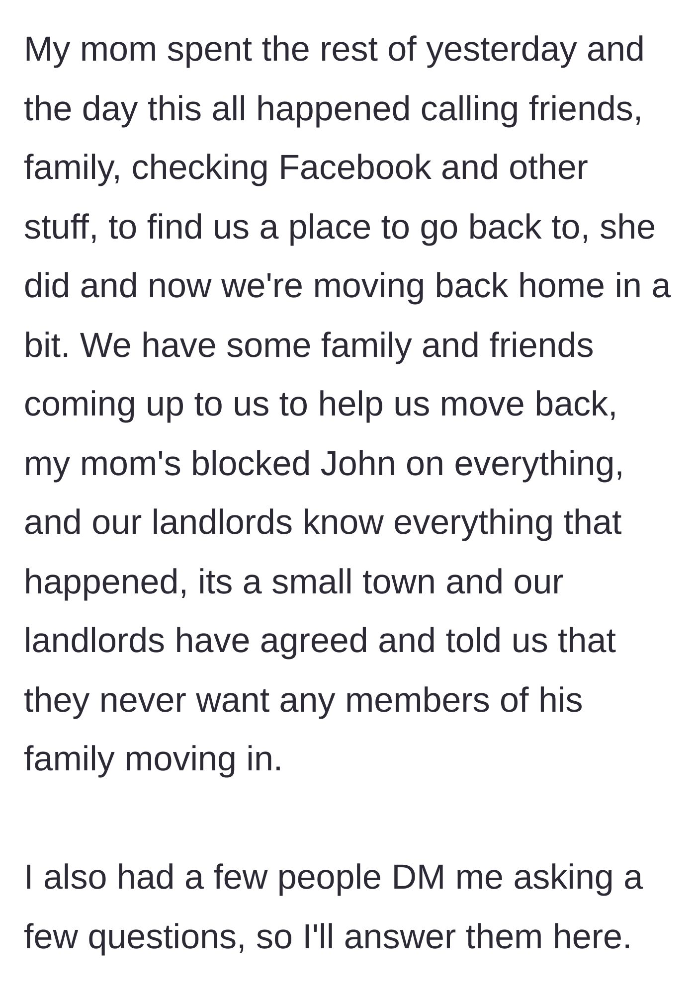 Story part 9 - The mother mobilizing her network to move them back home, blocking John, and ensuring he is banned by the landlords.