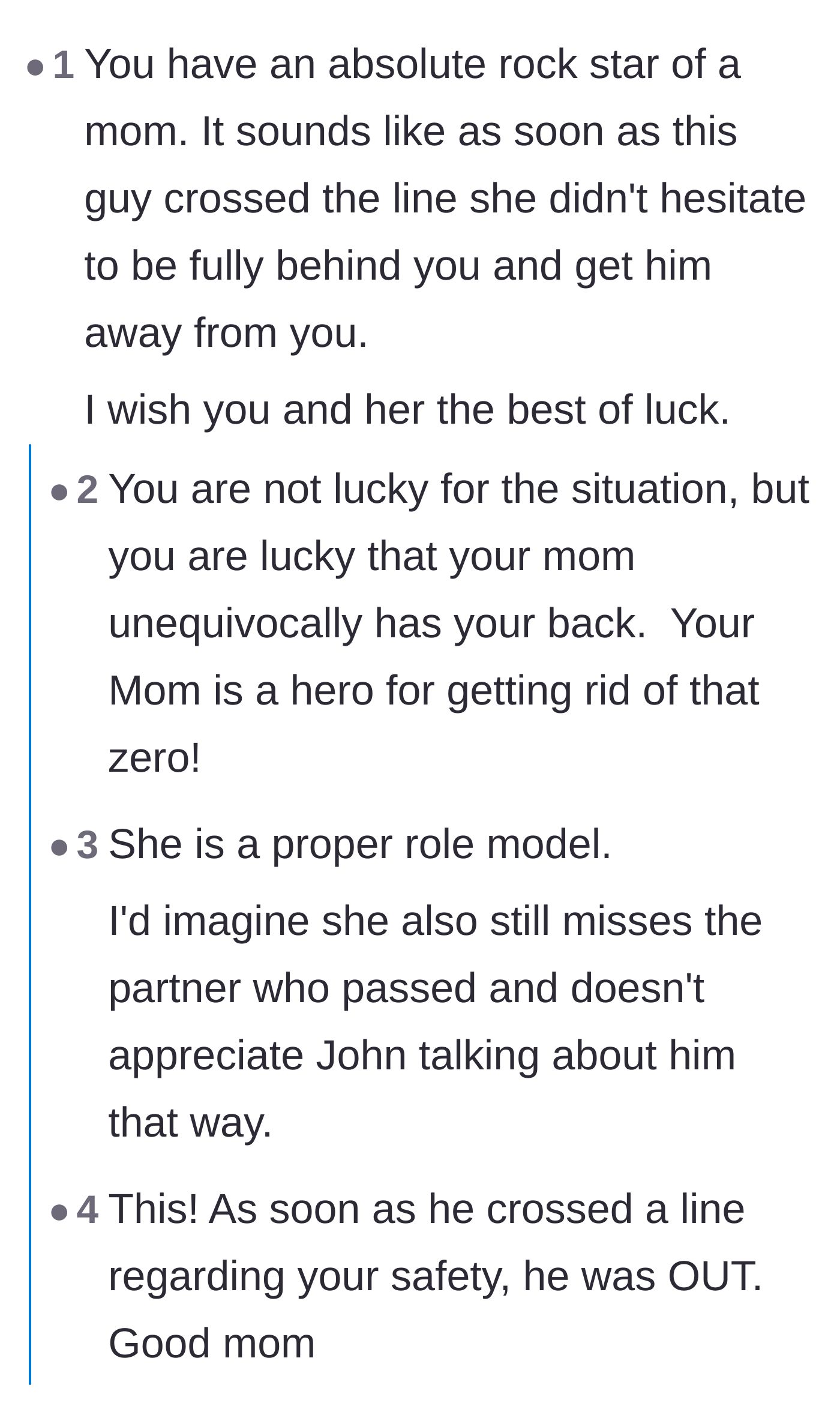 Comment thread 1 - Praising the mother's swift action to protect her son and kick out the entitled boyfriend.