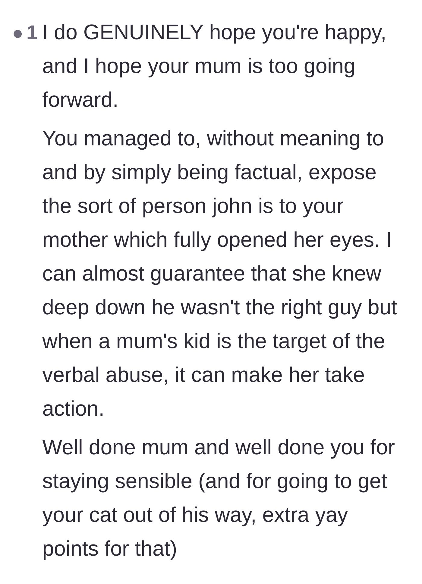 Comment thread 3 - Applauding the teenager for inadvertently exposing the boyfriend's true colors and making sure his cat was safe.