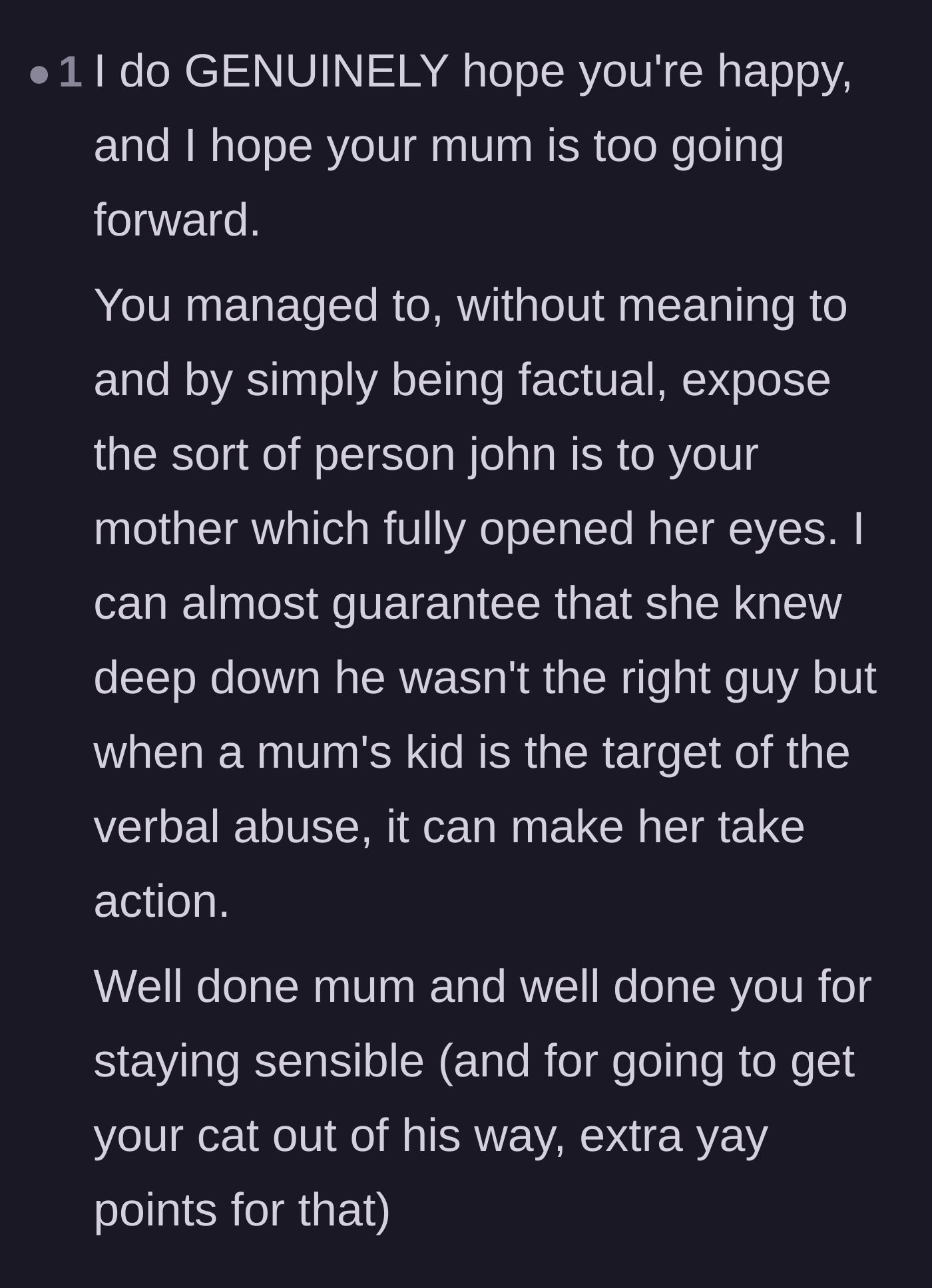 Comment thread 3 - Applauding the teenager for inadvertently exposing the boyfriend's true colors and making sure his cat was safe.