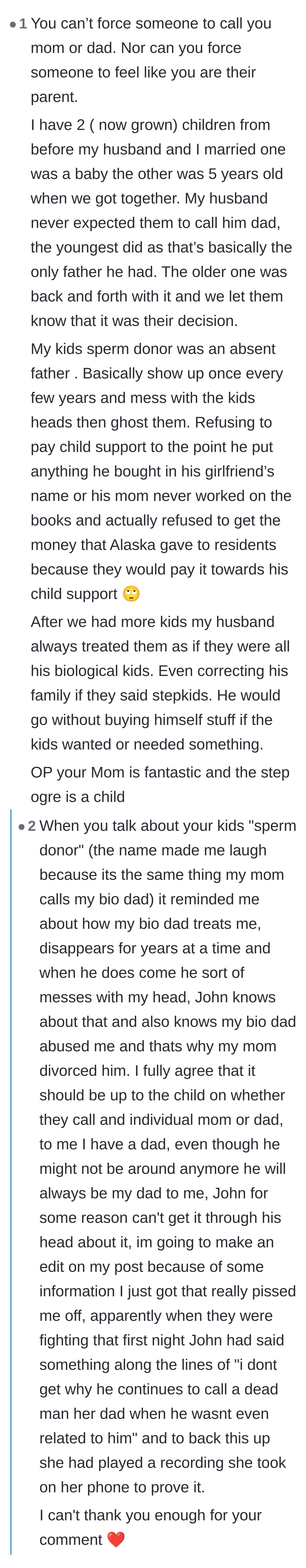Comment thread 4 - A deep dive into what truly makes a parent, sparked by outrage over the boyfriend's cruel remarks about the late stepdad.