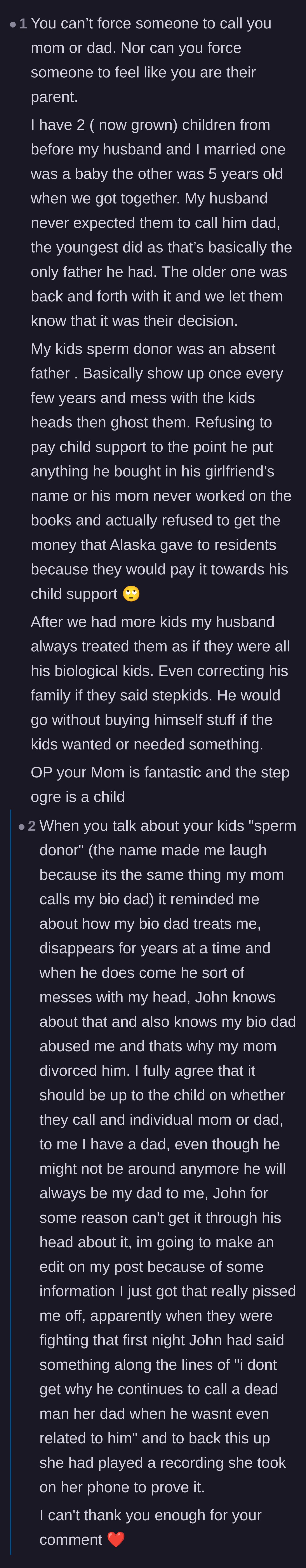 Comment thread 4 - A deep dive into what truly makes a parent, sparked by outrage over the boyfriend's cruel remarks about the late stepdad.