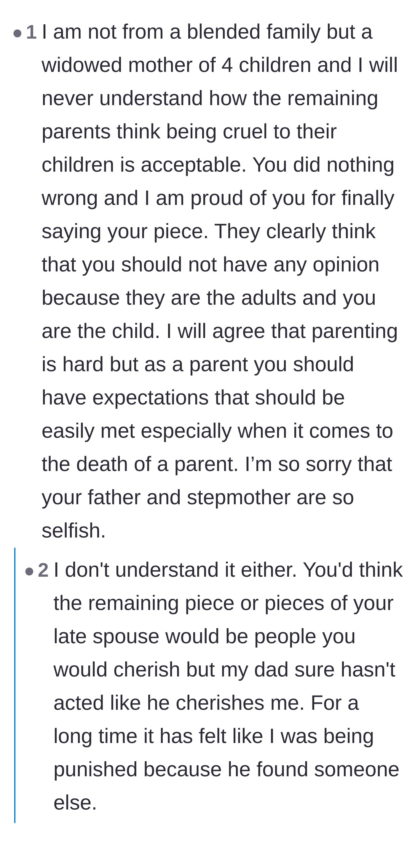 Comment thread 3 - A widowed mother expresses her disbelief at how a parent could treat their grieving child this way.