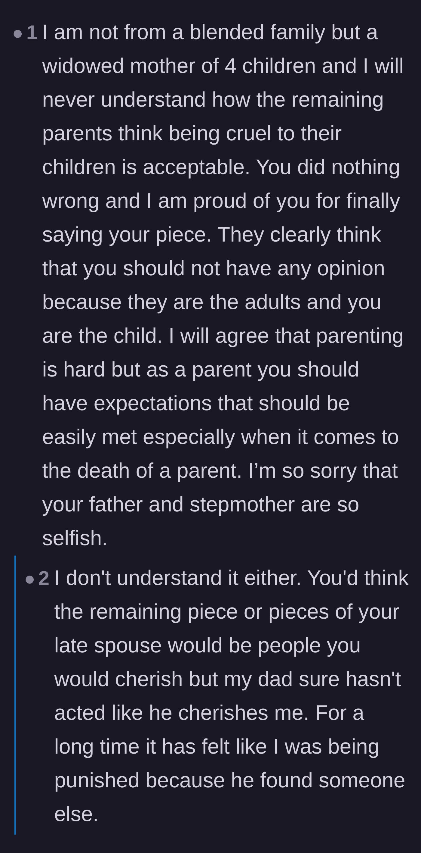 Comment thread 3 - A widowed mother expresses her disbelief at how a parent could treat their grieving child this way.