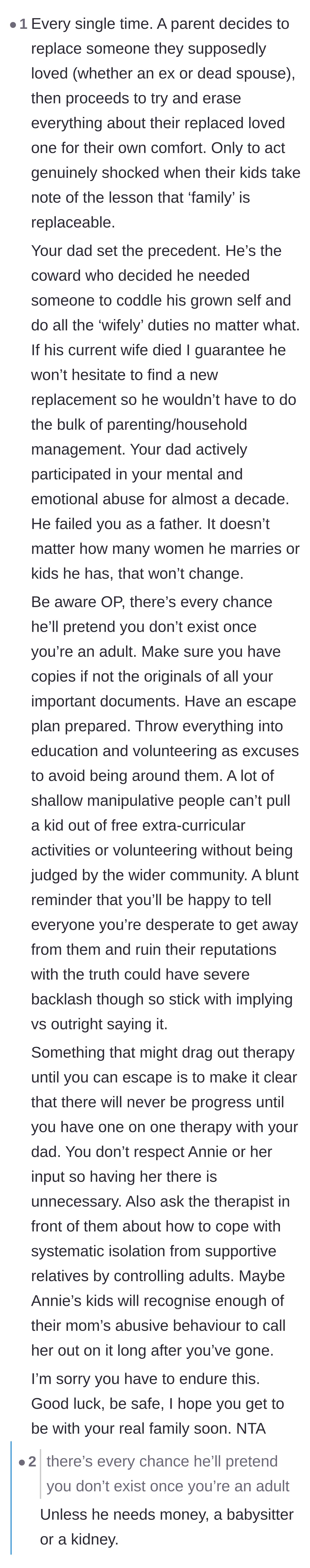 Comment thread 4 - Readers analyze the painful pattern of a surviving parent replacing their spouse and erasing their memory for their own comfort.