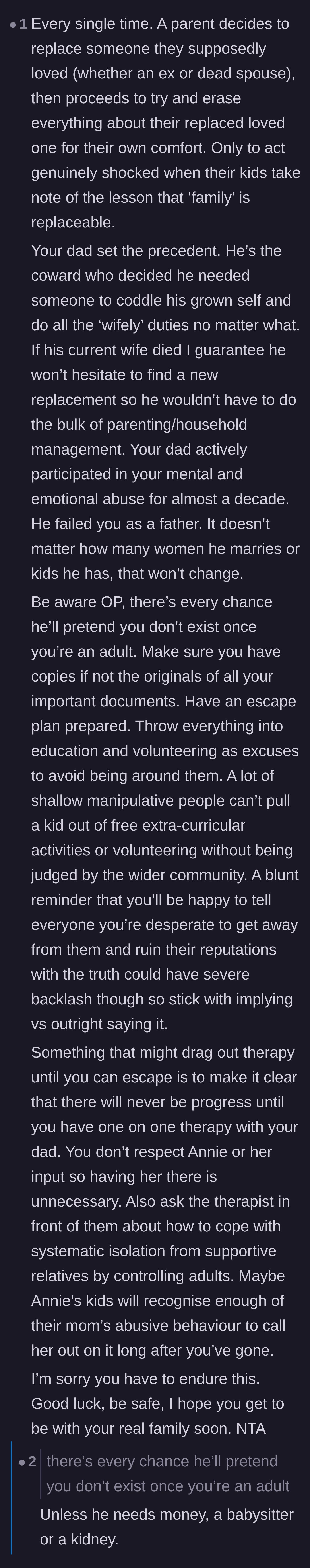 Comment thread 4 - Readers analyze the painful pattern of a surviving parent replacing their spouse and erasing their memory for their own comfort.