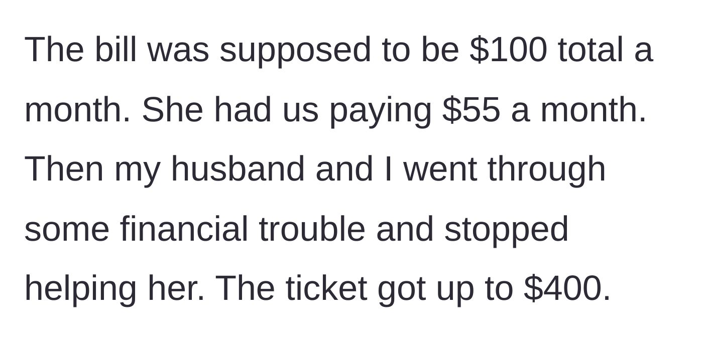 Story part 2 - The couple hits financial trouble, stops paying their 55 dollar share, and supposedly racks up a 400 dollar debt to the mother.