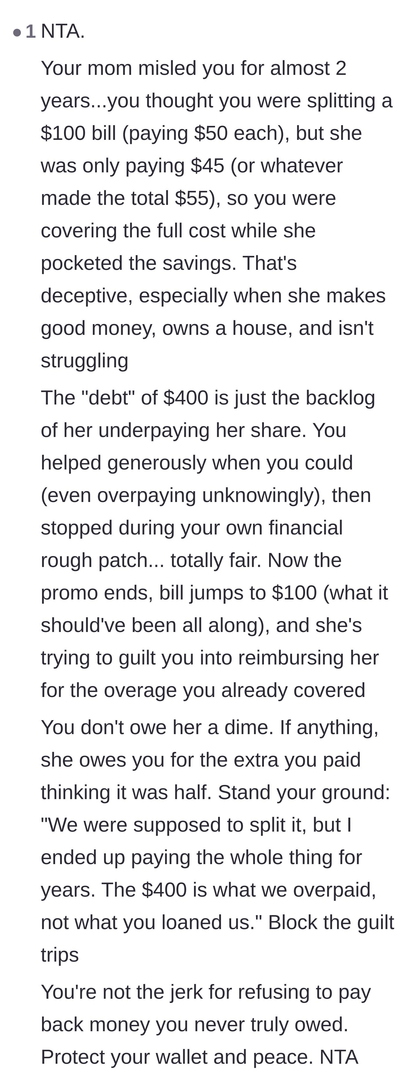 Comment thread 4 - A detailed breakdown of the mother's math deception and a reminder that the author actually overpaid.