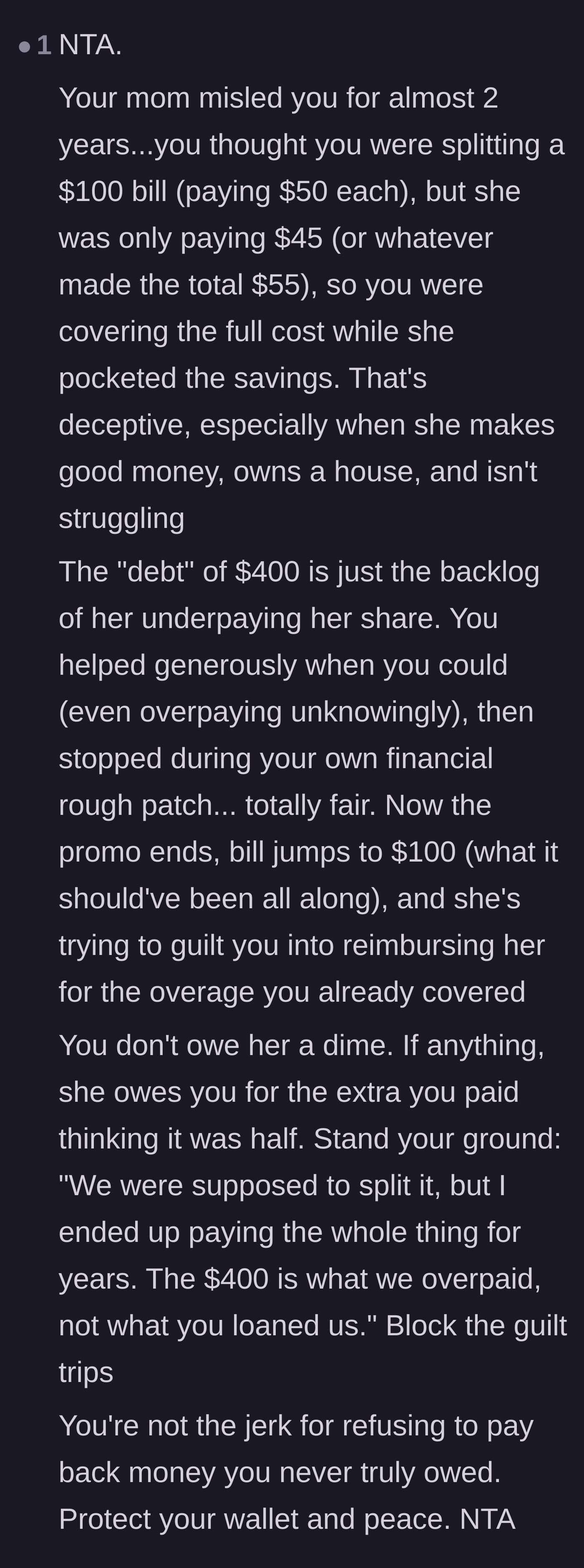 Comment thread 4 - A detailed breakdown of the mother's math deception and a reminder that the author actually overpaid.