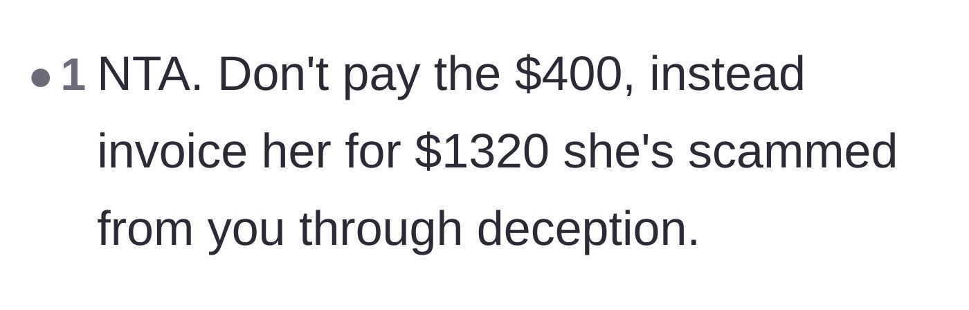 Comment thread 5 - A suggestion to turn the tables and invoice the mother for the money she scammed.