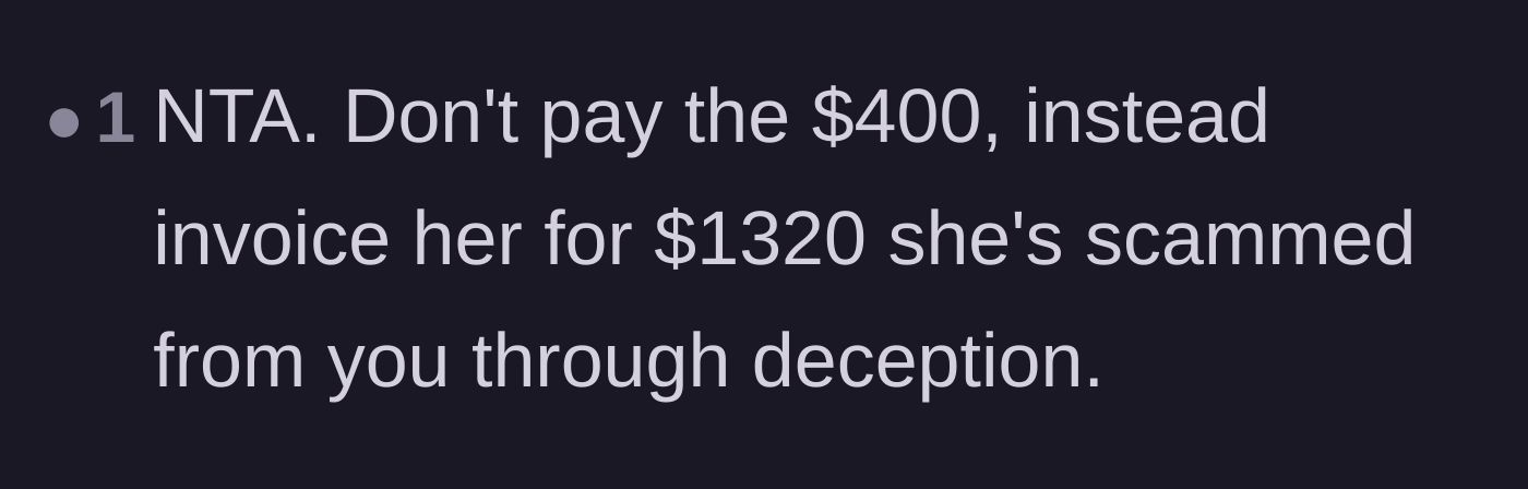 Comment thread 5 - A suggestion to turn the tables and invoice the mother for the money she scammed.