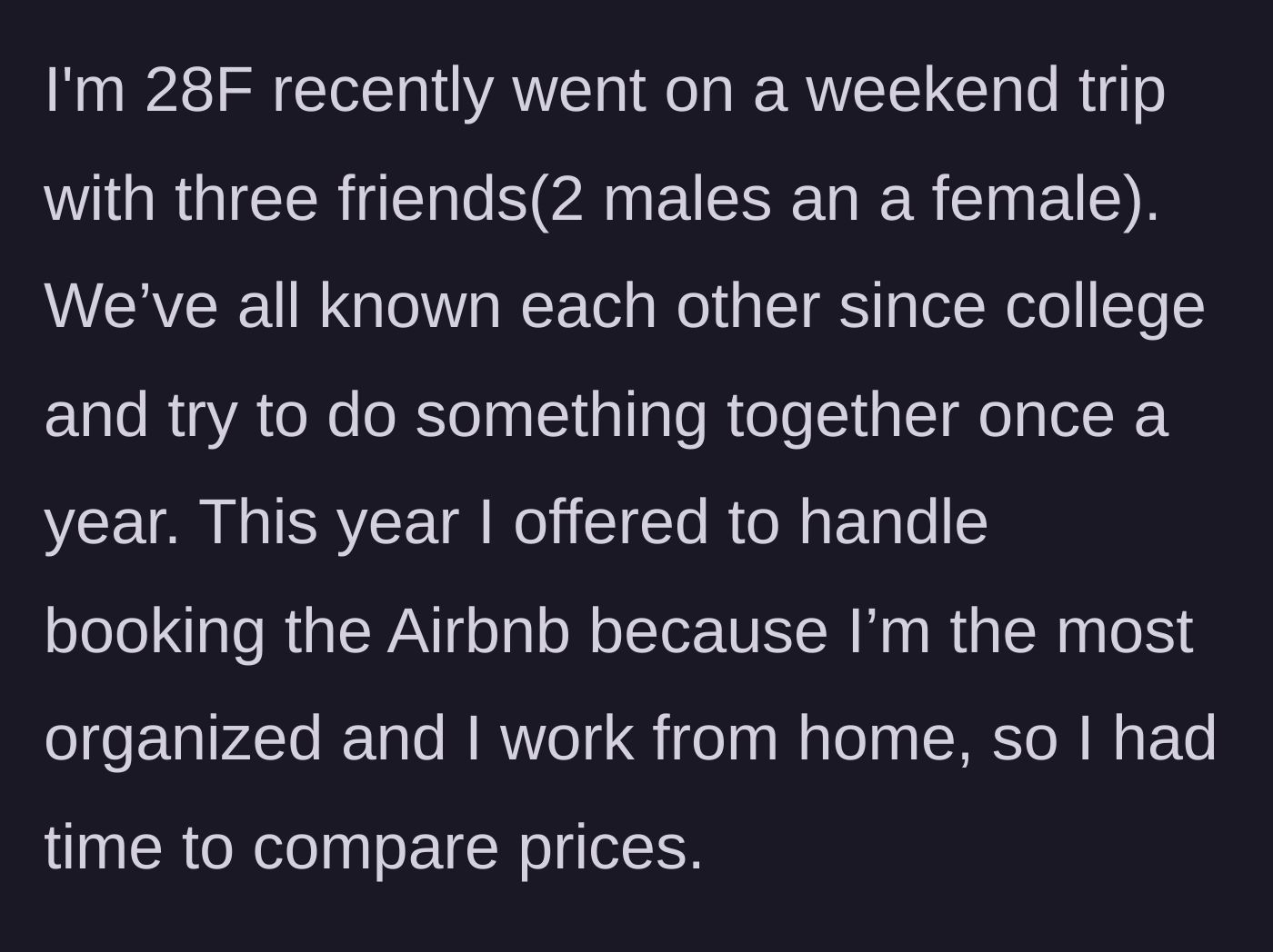 Story part 1 - 28F explains she volunteered to book the annual trip for her college friends.