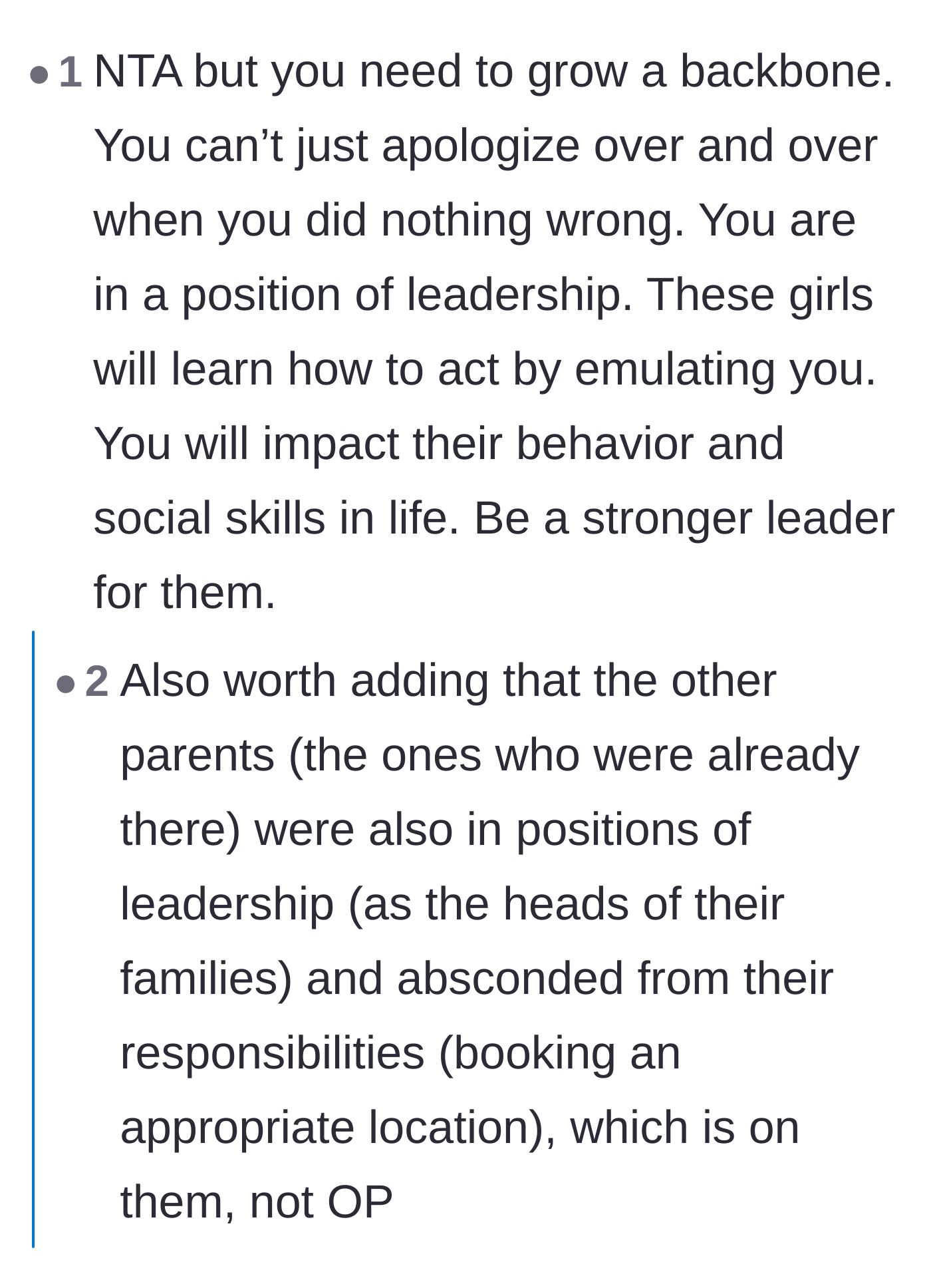 Comment thread 1 - A top comment telling the troop leader she needs to grow a backbone and stop apologizing when she's in the right.
