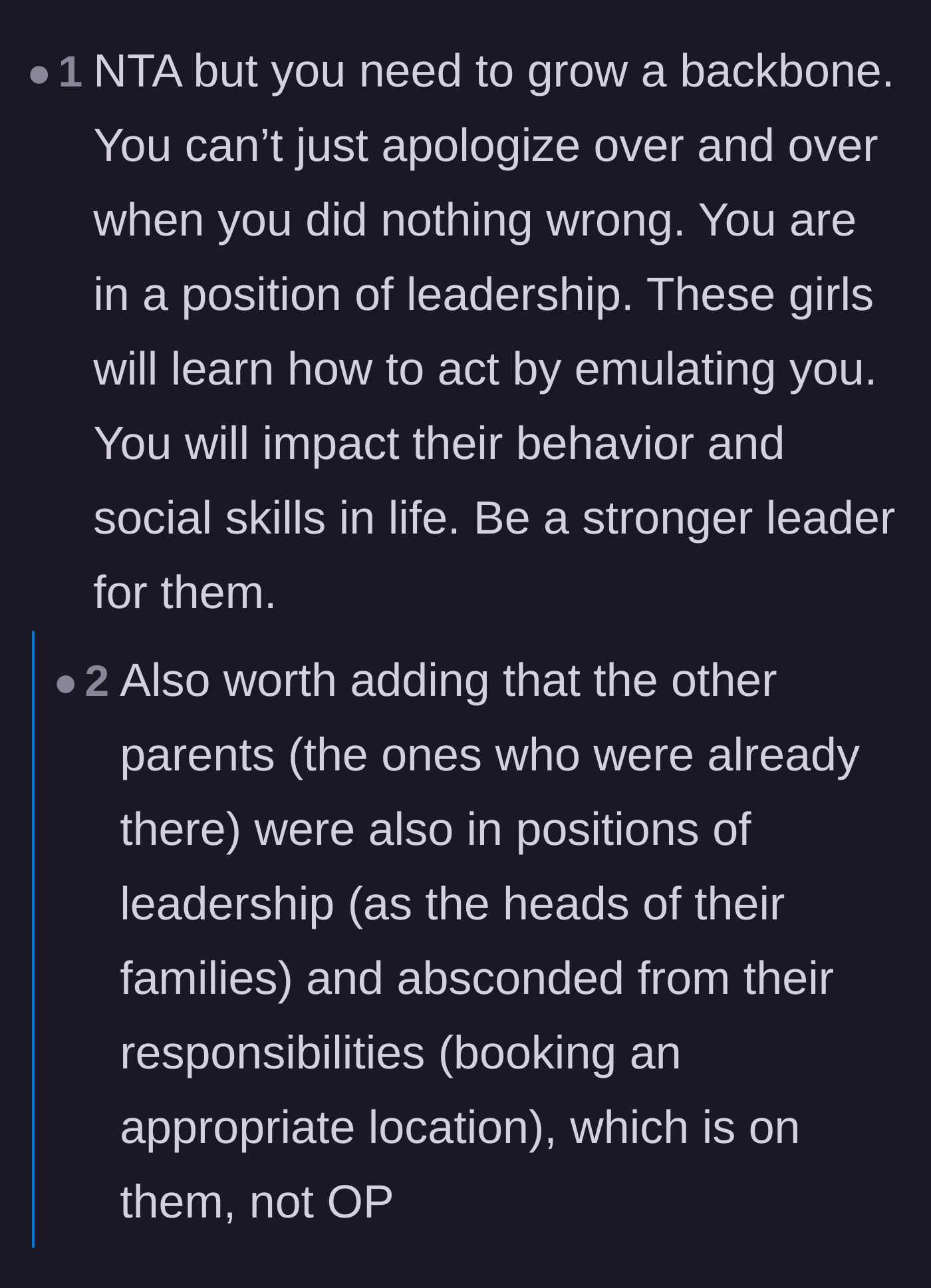 Comment thread 1 - A top comment telling the troop leader she needs to grow a backbone and stop apologizing when she's in the right.
