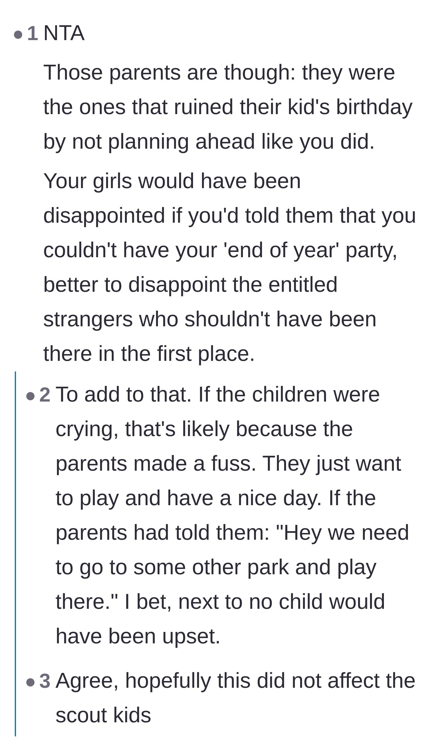 Comment thread 2 - Readers pointing out that the parents were the ones who ruined the party by failing to plan and throwing a fit instead of relocating.
