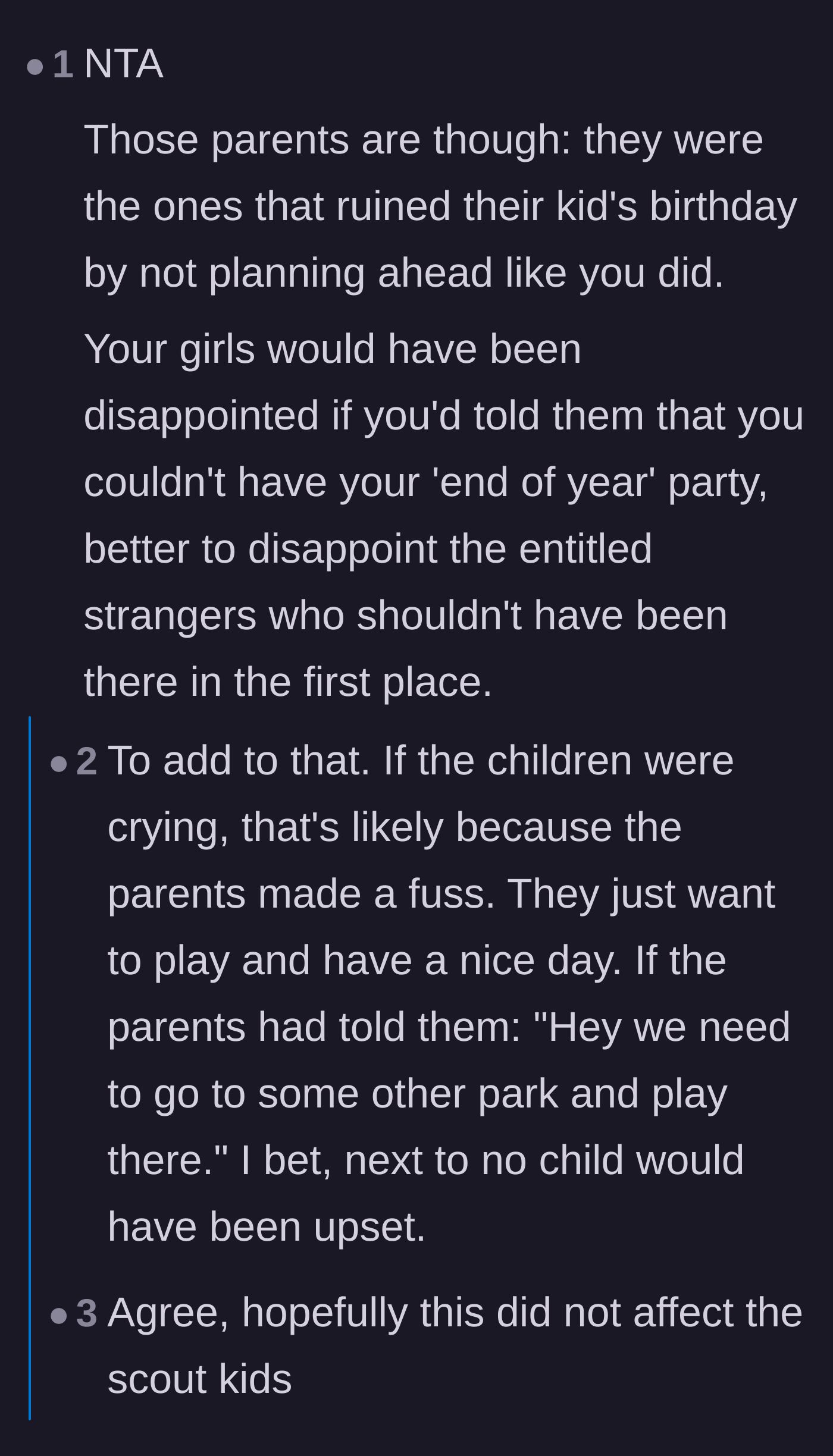 Comment thread 2 - Readers pointing out that the parents were the ones who ruined the party by failing to plan and throwing a fit instead of relocating.