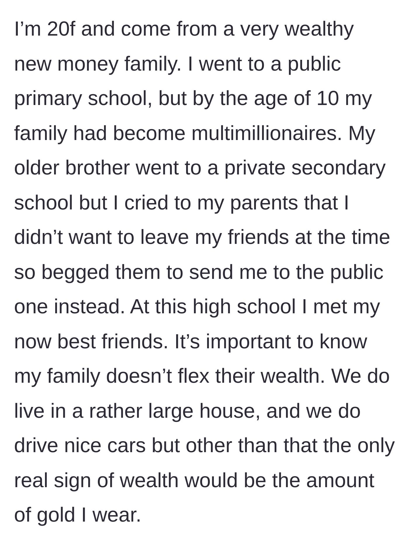Story part 1 - Explaining her new money background and wearing heavy gold jewelry at a public high school