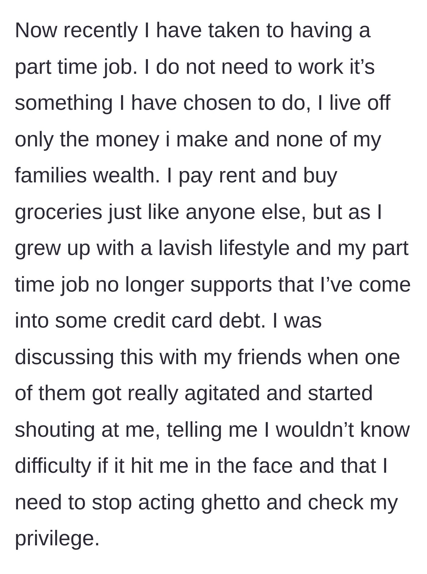 Story part 3 - Getting a part-time job, accumulating credit card debt, and a friend blowing up at her