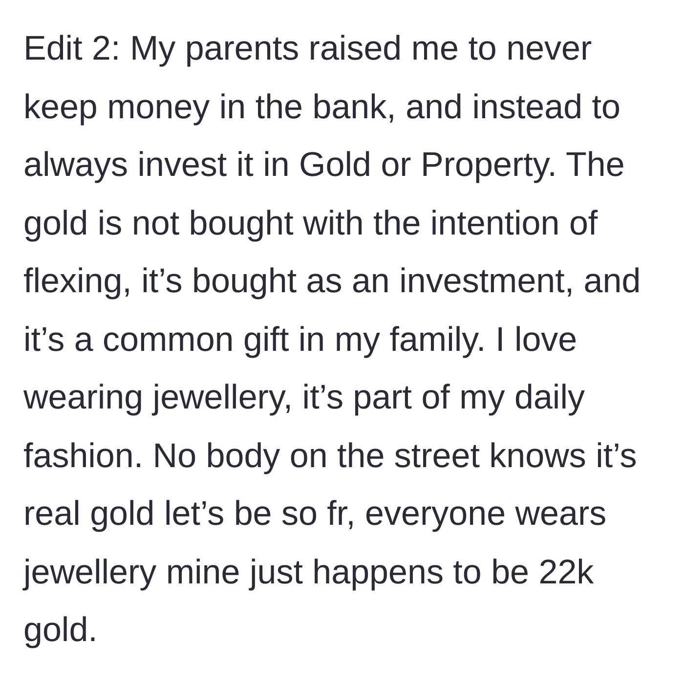 Story part 7 - Edit 2 justifying her 22k gold jewelry as a cultural investment rather than a flex